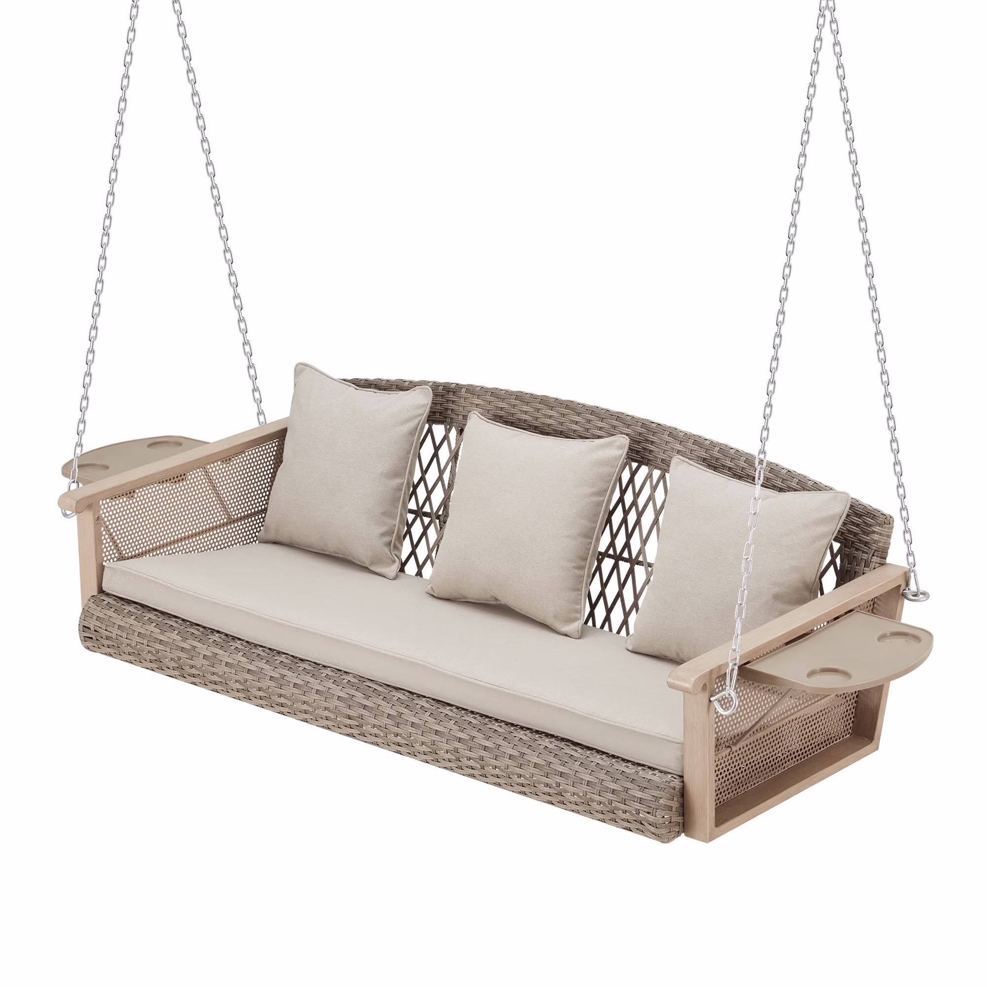 3-Person Porch Swing 55in Wicker Hanging Swing Bench with Cushions and Cupholders for Deck, Garden and Backyard, Beige(Beige)