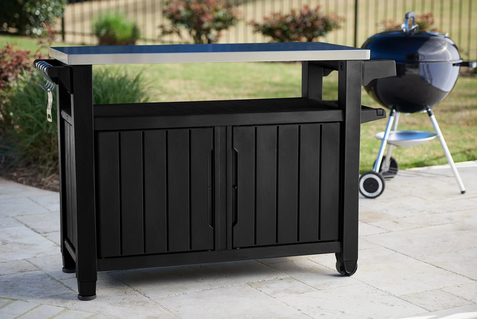 Unity XL Resin Serving Station, All - Weather Plastic and Metal Grill, Storage and Prep Table, Graphite