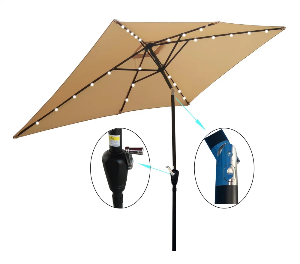 10 x 6.5t Patio Umbrella,Rectangular Picnic Table Umbrella,6-8 Chairs Tilt Umbrella with 26 LED Lights,Waterproof Umbrella Sunshade with Crank and Push Button Tilt for Garden Backyard Pool,Mushroom