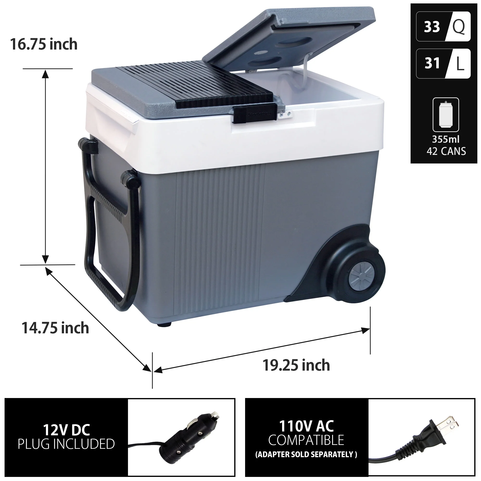12V Wheeled Electric Cooler/Warmer 31L (33 qt), Gray - Image 2