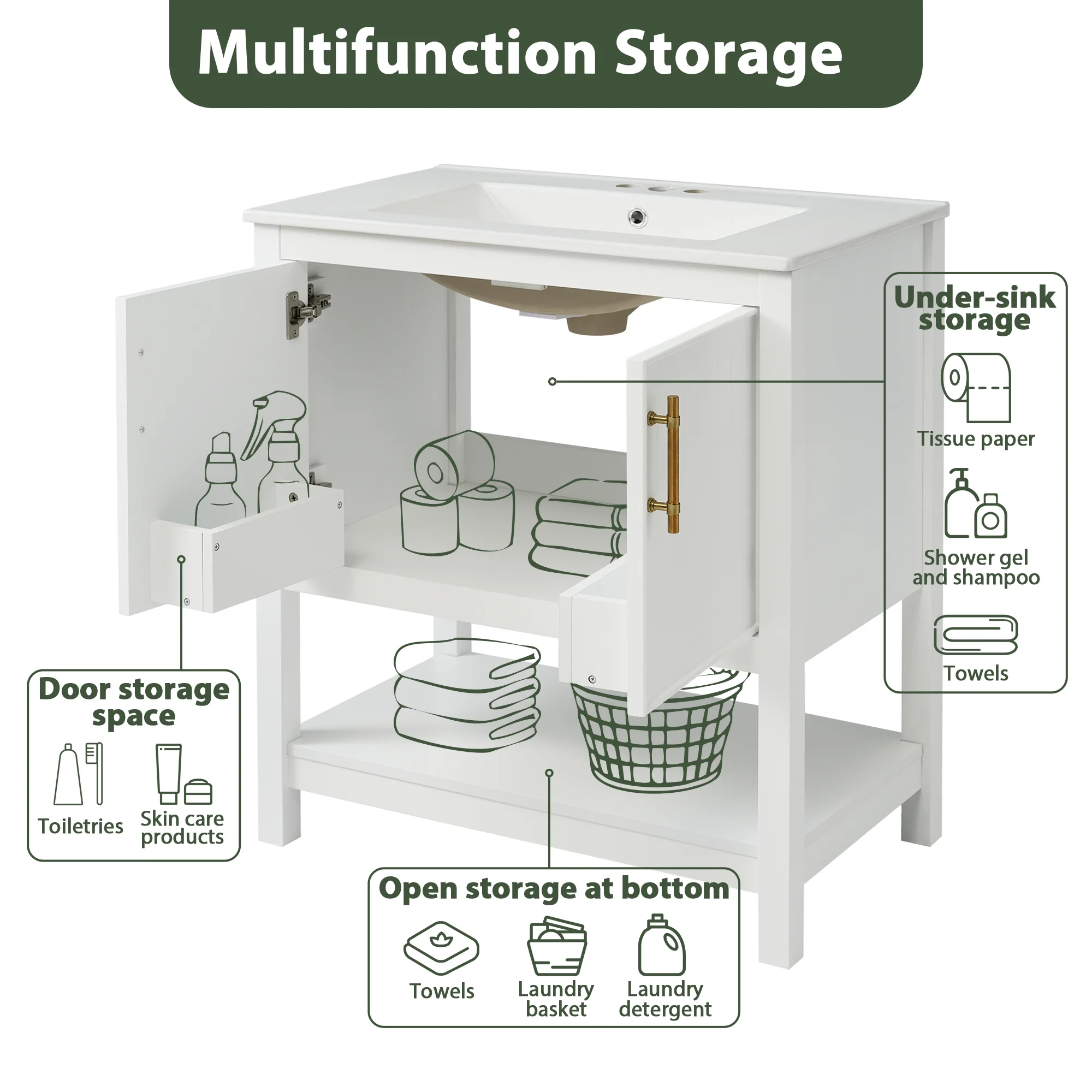 30-Inch White Bathroom Vanity with Ceramic Sink and Versatile Storage Ideal for Small Bathrooms, White(White) - Image 6