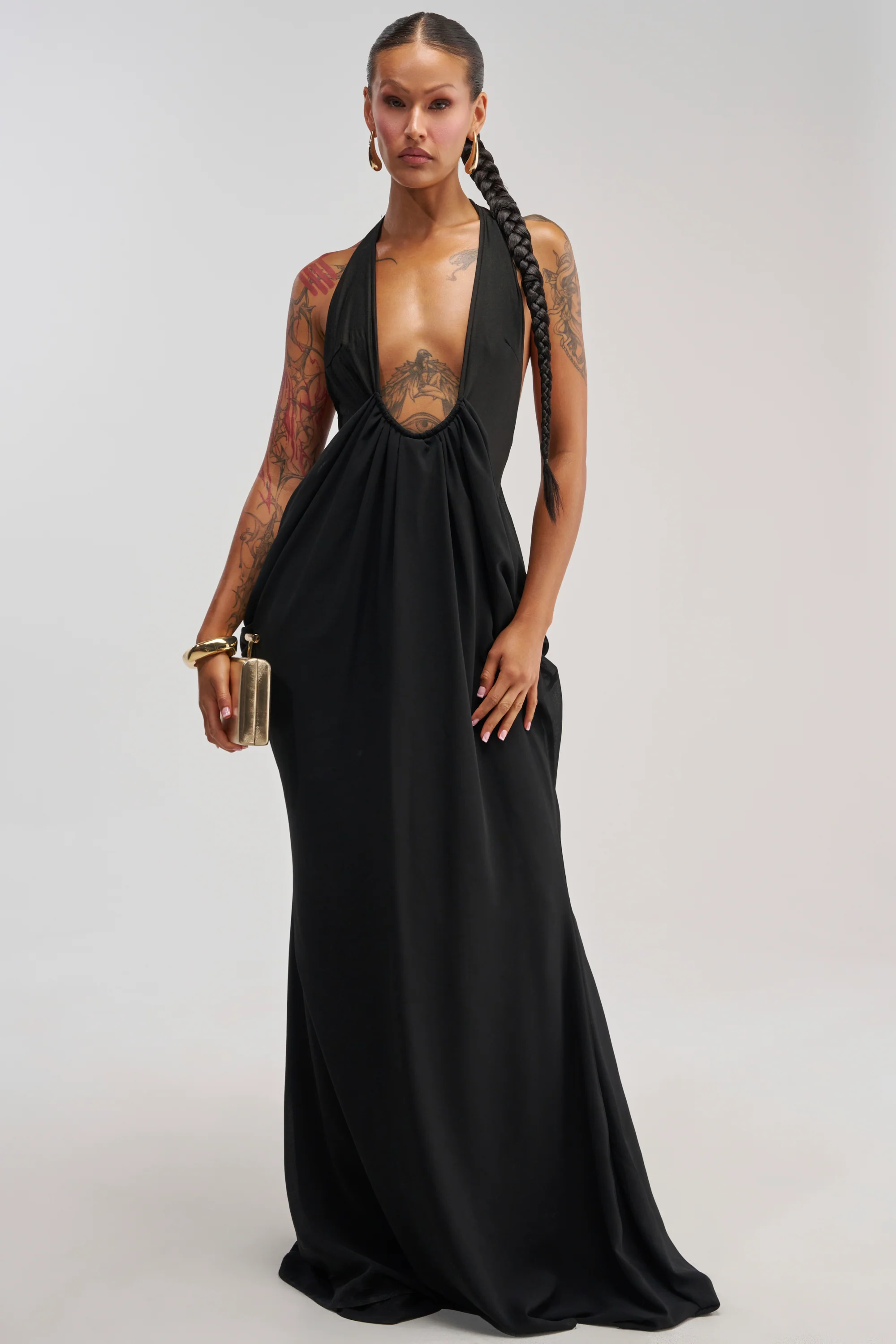 BORN TO SHINE SWOOP MAXI DRESS IN BLACK - Akira Store
