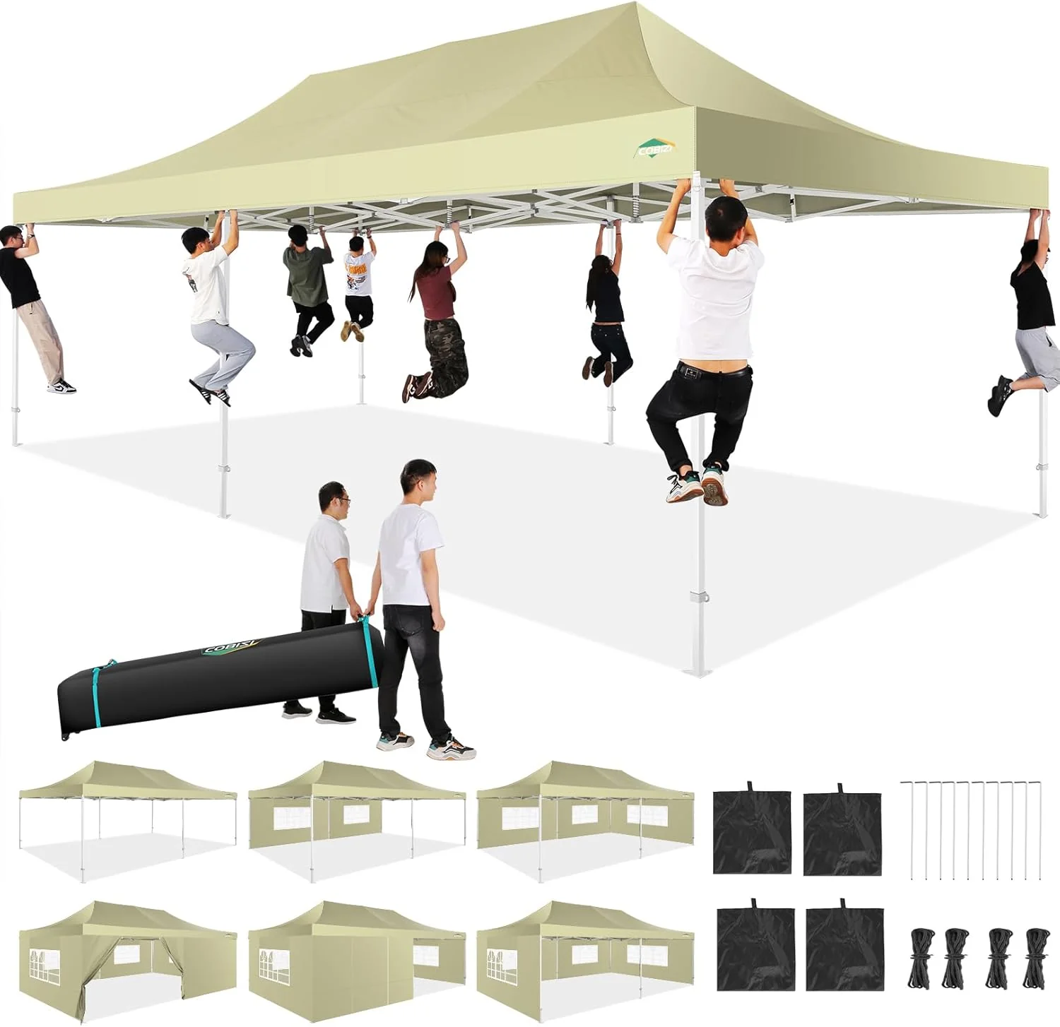 Tente pliante robuste COBIZI 10x20 avec 6 parois latérales, facile à monter, idéale pour les mariages et les fêtes en extérieur. Résistante au vent et imperméable, elle est fournie avec un sac à roulettes et est disponible en noir (structure renforcé