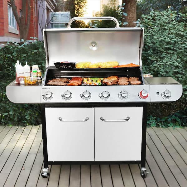 6-Burner BBQ Liquid Propane Gas Grill with Sear and Side Burner with Cover. 71.000 BTU Cabinet Style Gas Grill