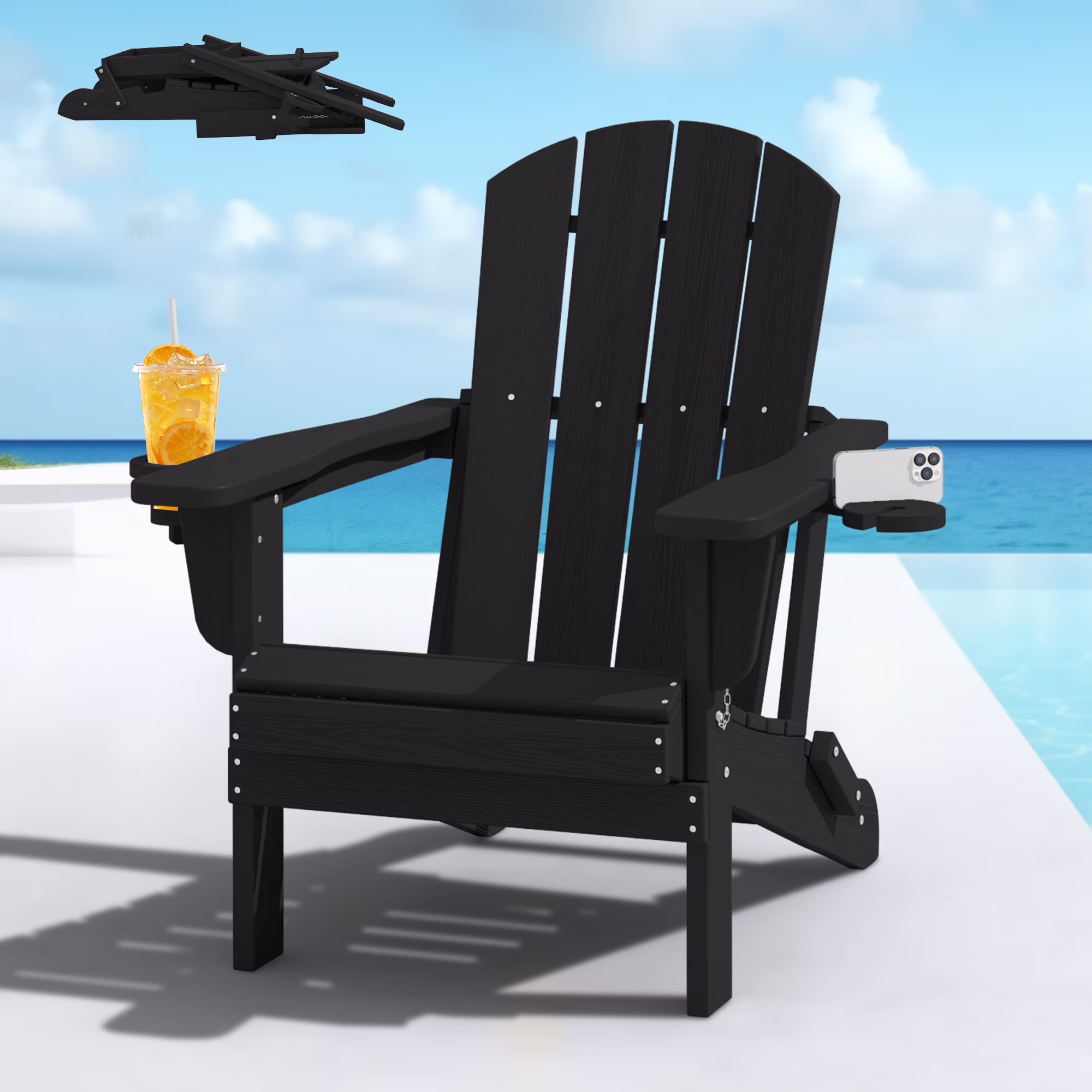 SERWALL Folding Adirondack Chair Set with Dual Cup Holders & Phone Holder, All-Weather HDPE Fire Pit Chairs for Outdoor, Patio, Poolside, Garden - Black
