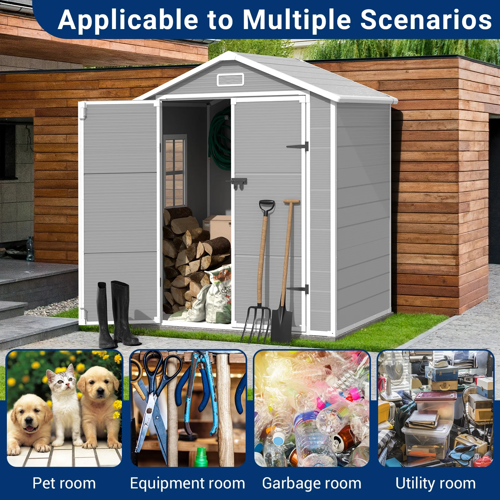 Outdoor Storage Shed 6x4.5 ft, Resin Outside Sheds Outdoor Storage Plastic for Trash Can, Bike, Lawnmower, Generator, Tool Shed with Lockable Door for Backyard, Lawn, Patio, Grey White(6*4/Gray) - Image 9