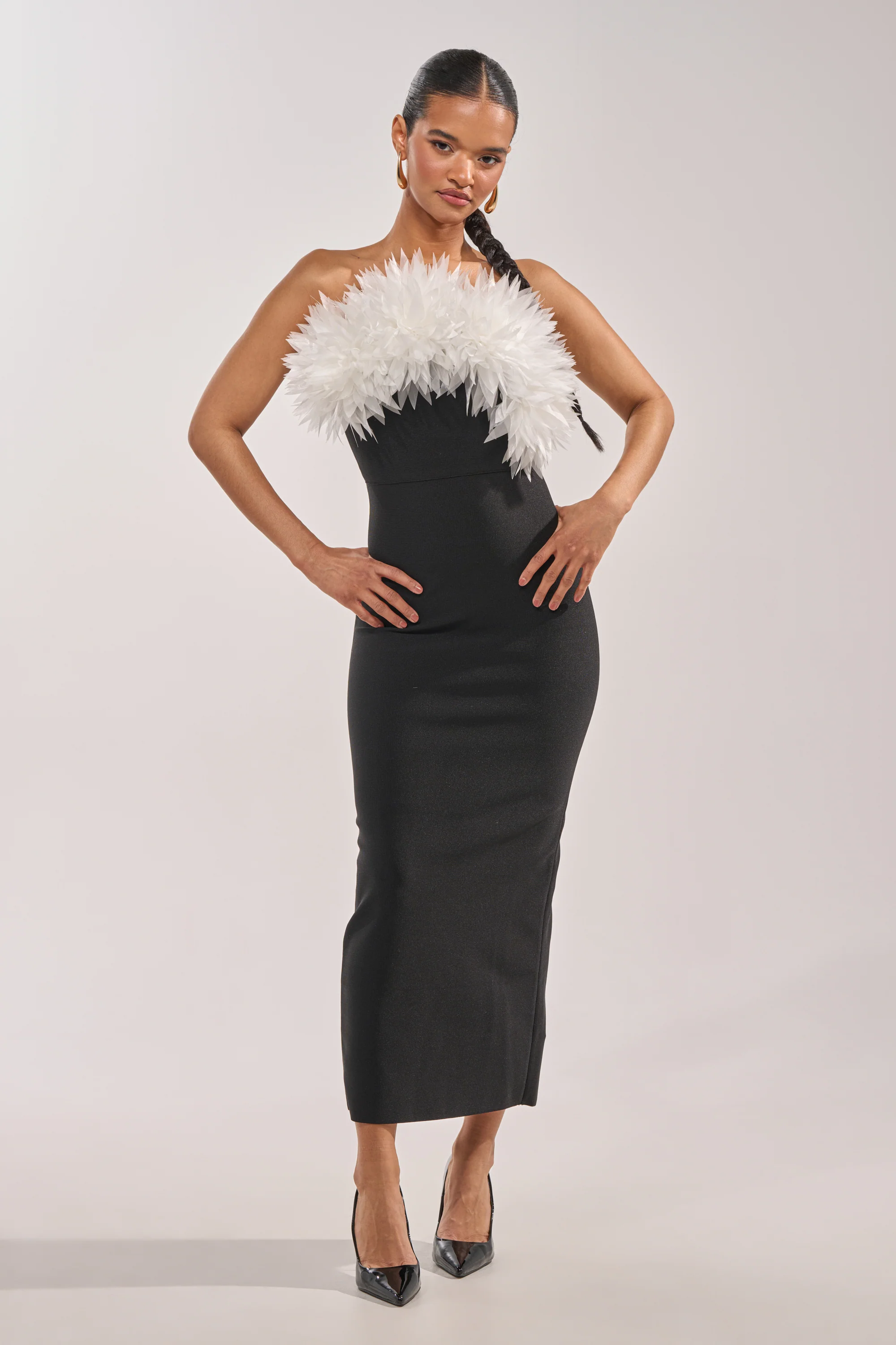 HEART ON MY SLEEVE BANDAGE MIDI DRESS IN BLACK - Akira Store