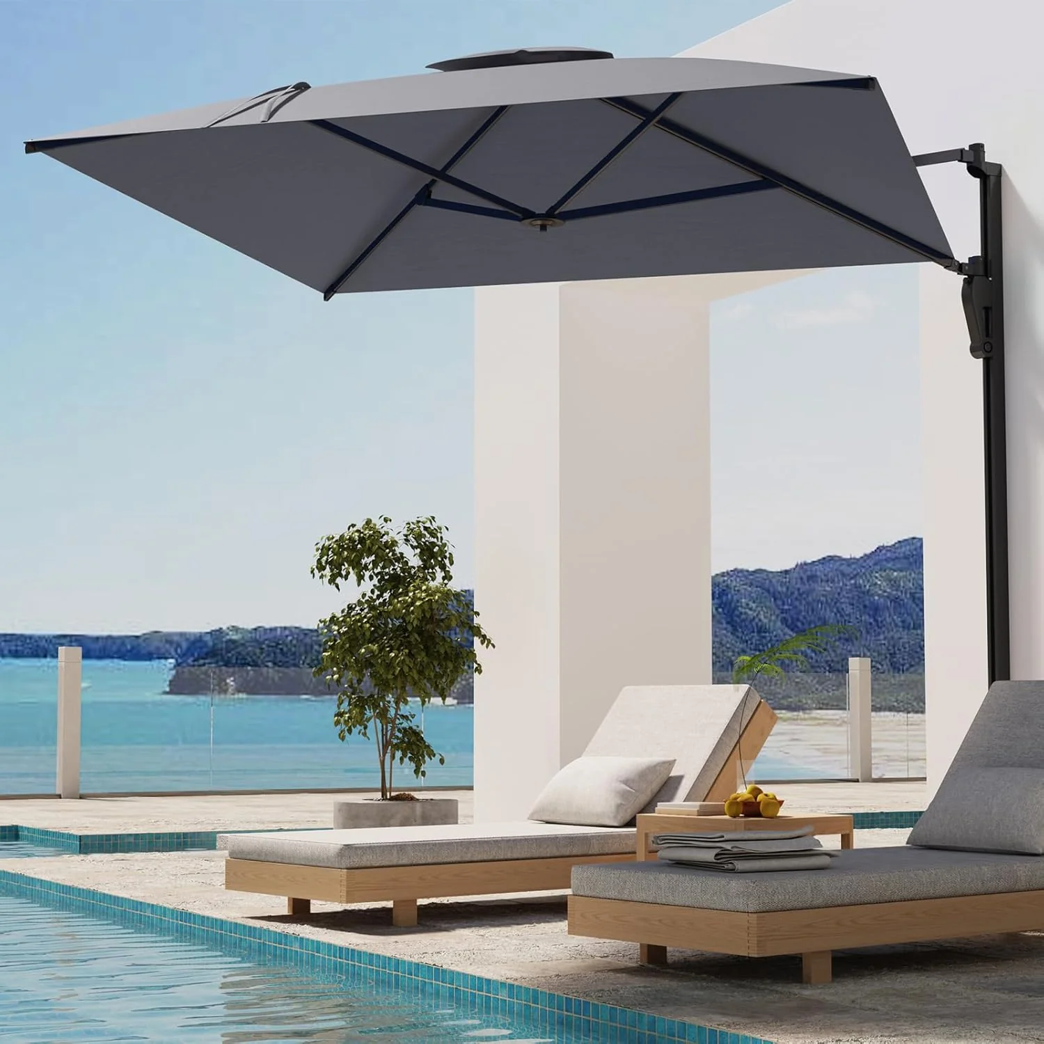 AECOJOY 10ft Cantilever Patio Umbrella, Large Rectangle Umbrella 180° Rotation Offset, Grey