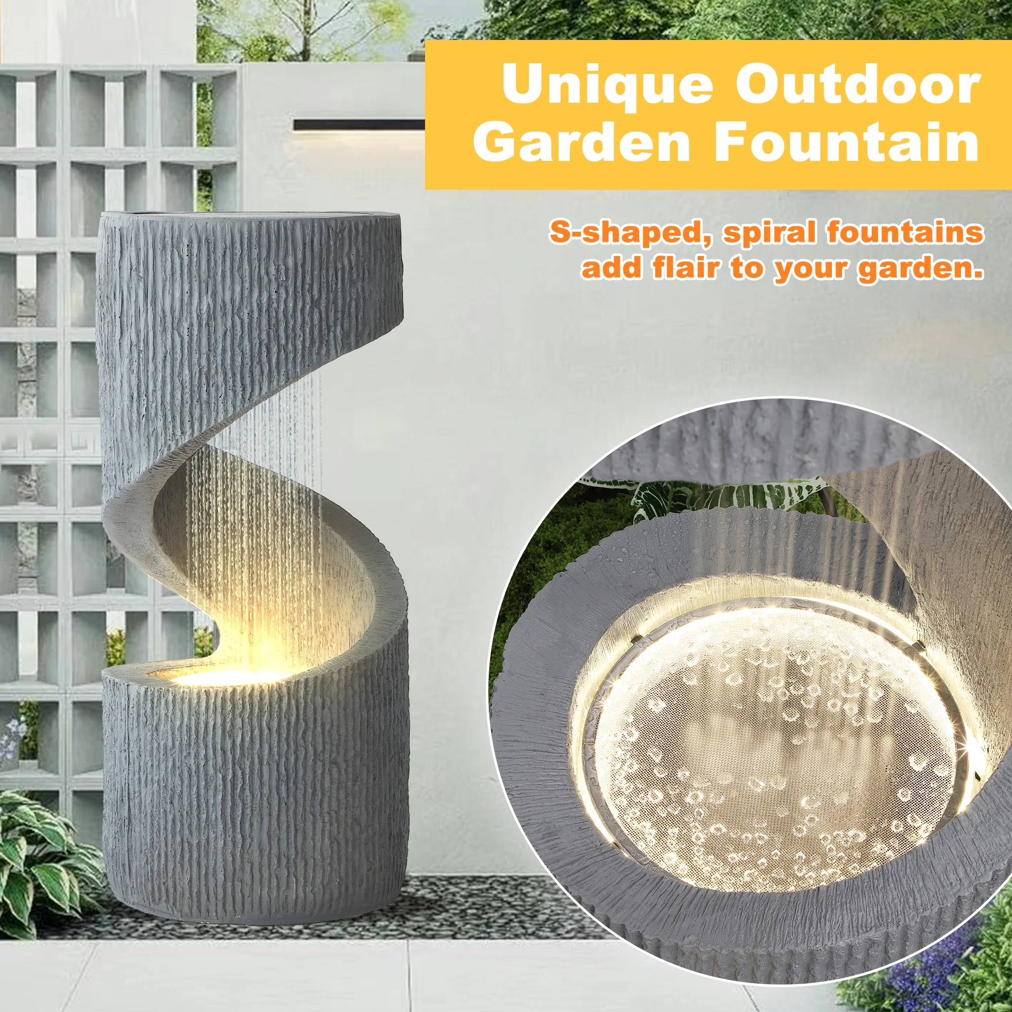 Outdoor S-Shaped Water Fountain, Spiral Waterfall Indoor Fountain Outside Garden Decor with LED Lights Pump, Curved Patio Resin Fountains for Yard, Deck, Porch and Home Decorations - Image 6