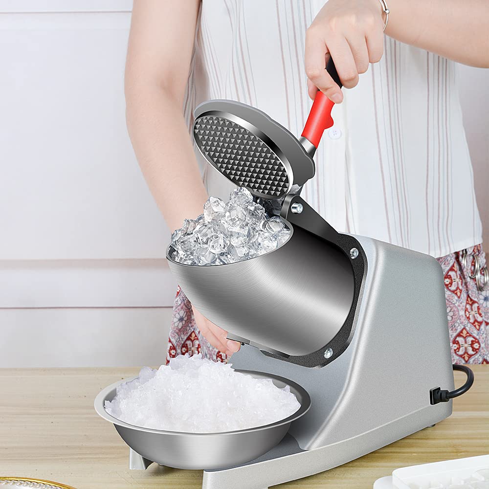 Ice Shaver Prevent Splash Electric Three Blades Snow Cone Maker 380W Stainless Steel Shaved Ice Machine 286lbs/hr Home and Commercial Ice Crushers with Ice Pick (Silver)