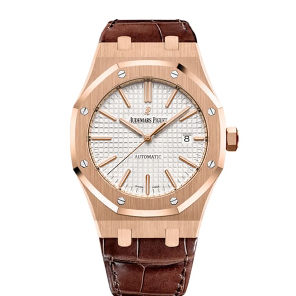 [Super Clone]Audemars Piguet Royal Oak Selfwinding Silver-toned dial 41mm Rose Gold Leather Strap Watch
