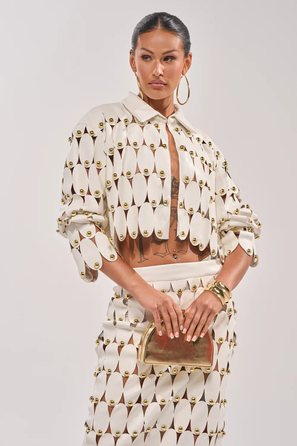THE SNEAK PEEK STUDDED PU CROP CARDIGAN IN WHITE - Akira Store