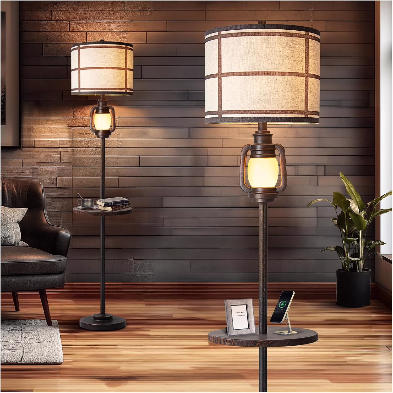 Farmhouse Metal Tray Floor Lamp For Living Room With Nightlight Vintage Tall Lamp With Linen Fabric Shade Industrial Standing Lamp For Bedroom Office Home House Study (Bulb Included)(Bronze-With Tray)