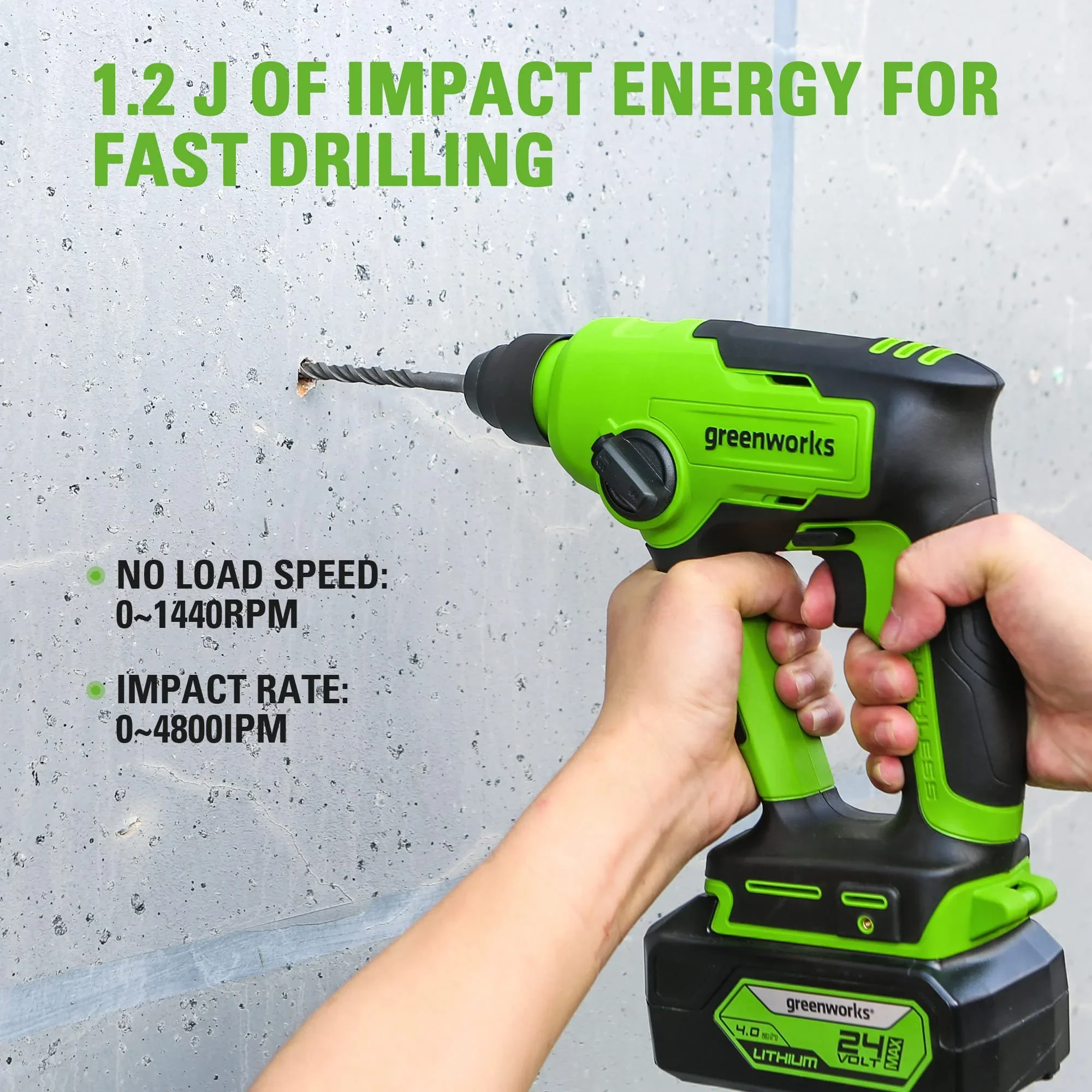 Greenworks 24V Cordless SDS 1.2J Heavy Duty Rotary Hammer Drill, 4Ah Battery and Charger Included