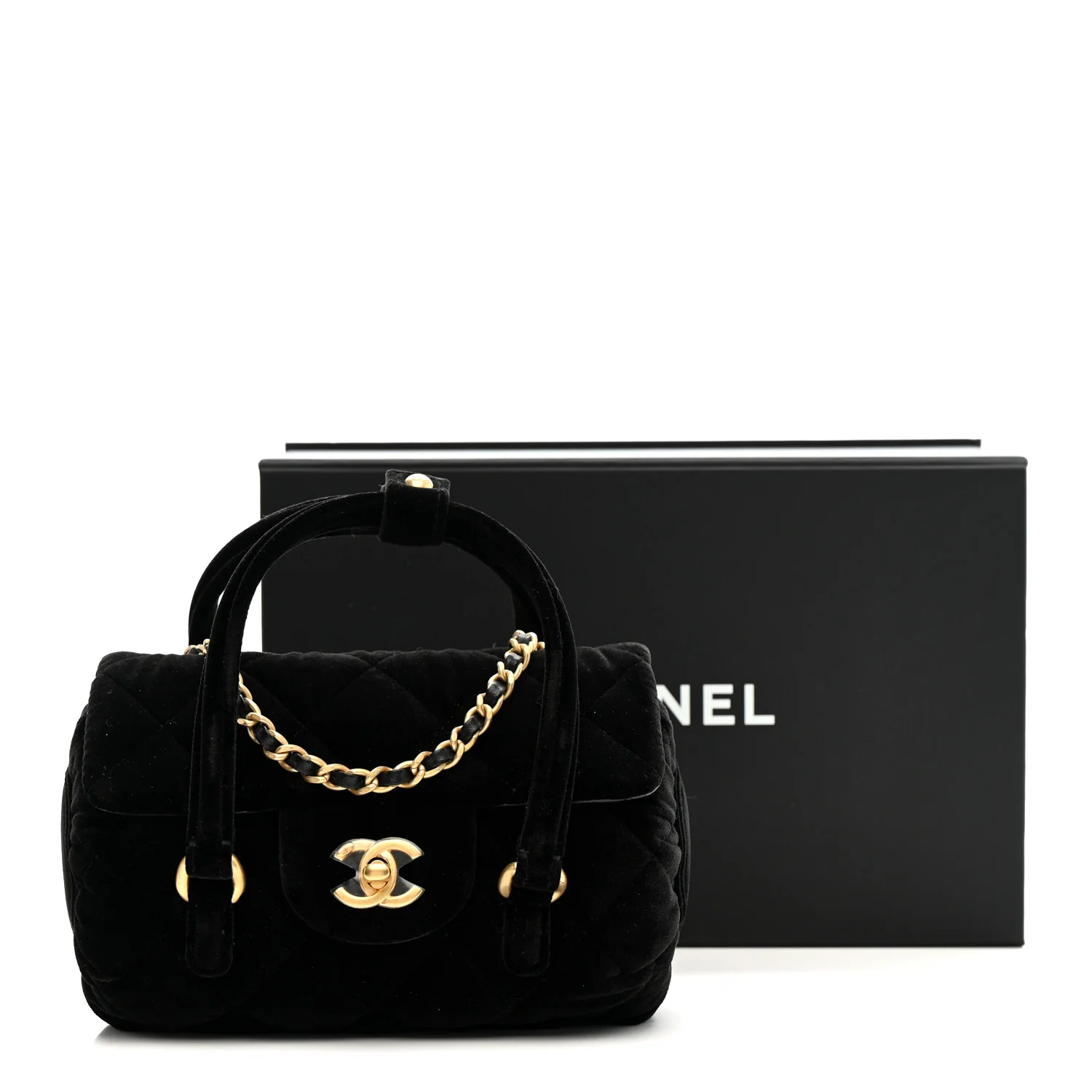 Velvet Quilted Mini Top Handle Flap Black