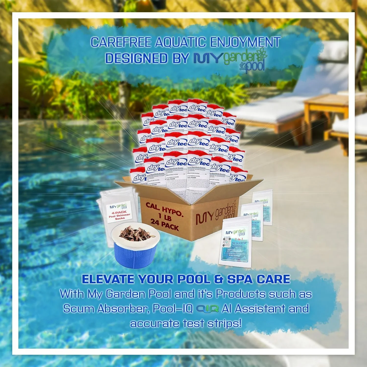 Drytec Calcium Hypochlorite Pool Shock 1 lb. 68% Bag, 24 Pack, Complete Pool Care Kit with My Garden Pool Skimmer Sock and 7-in-1 Test Strips, 60 ct. Powerful Chlorine Shock for Clear Swimming Water