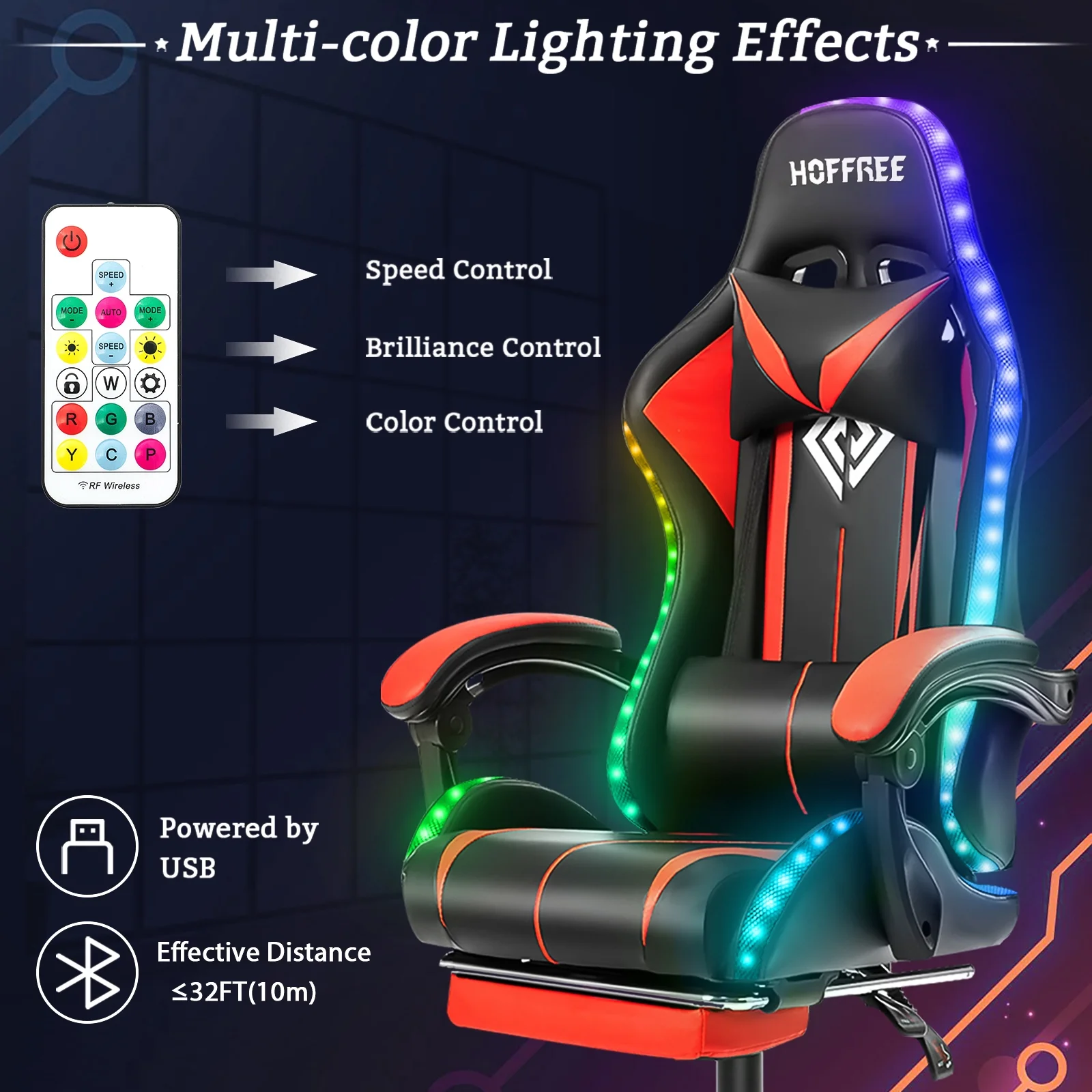 Gaming Chair with Bluetooth Speaker, Ergonomic Massage Racing Chair with RGB Lights, Footrest and Lumbar Support, High Back Office Chair, Heavy Duty Design Gaming Computer Chair(Red with Black) - Image 2