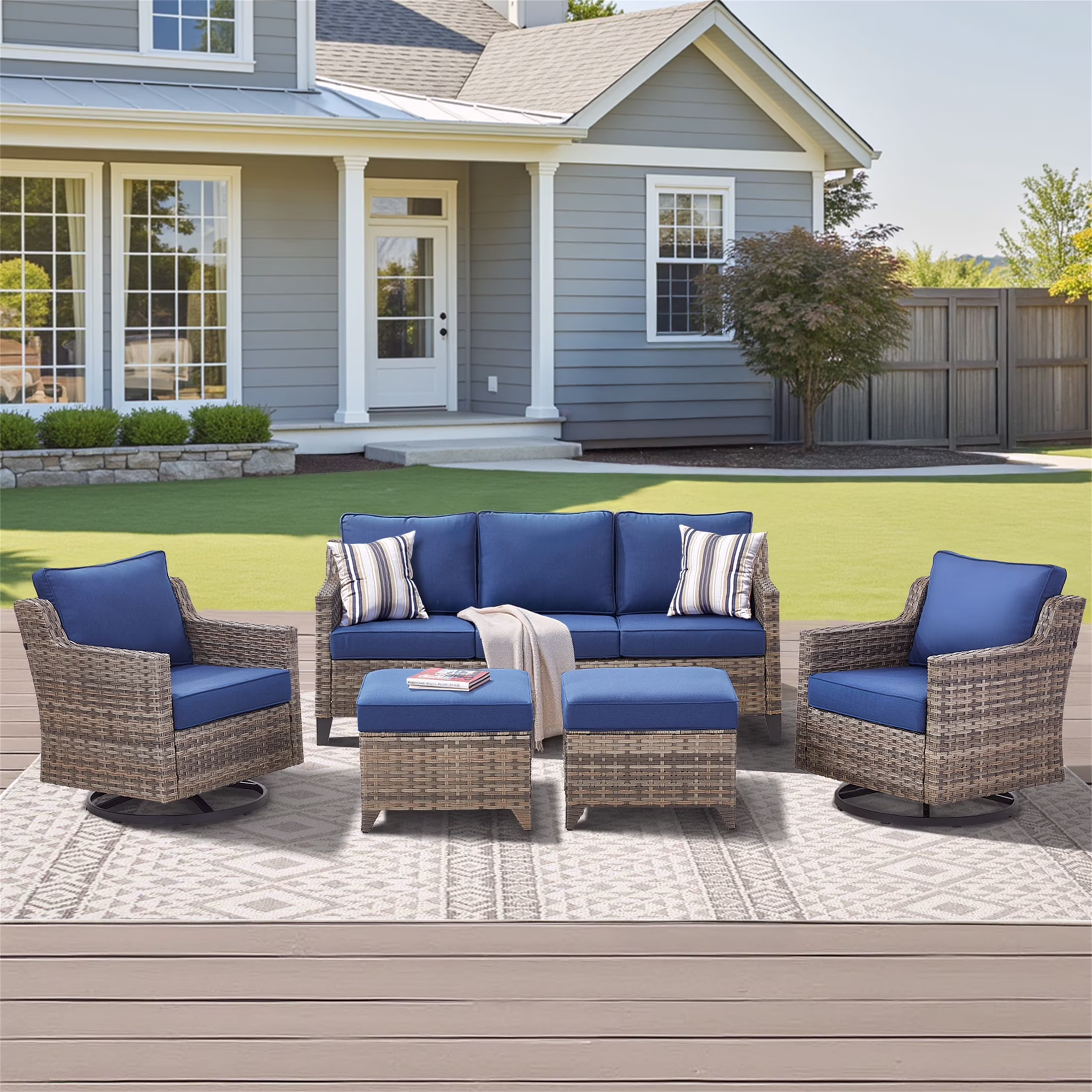 Yeahumalia 5-Piece All-Weather Wicker Patio Set with Swivel Rocking Chairs PE Rattan Conversation Set for Deck, Porch & Garden, Grey/Blue