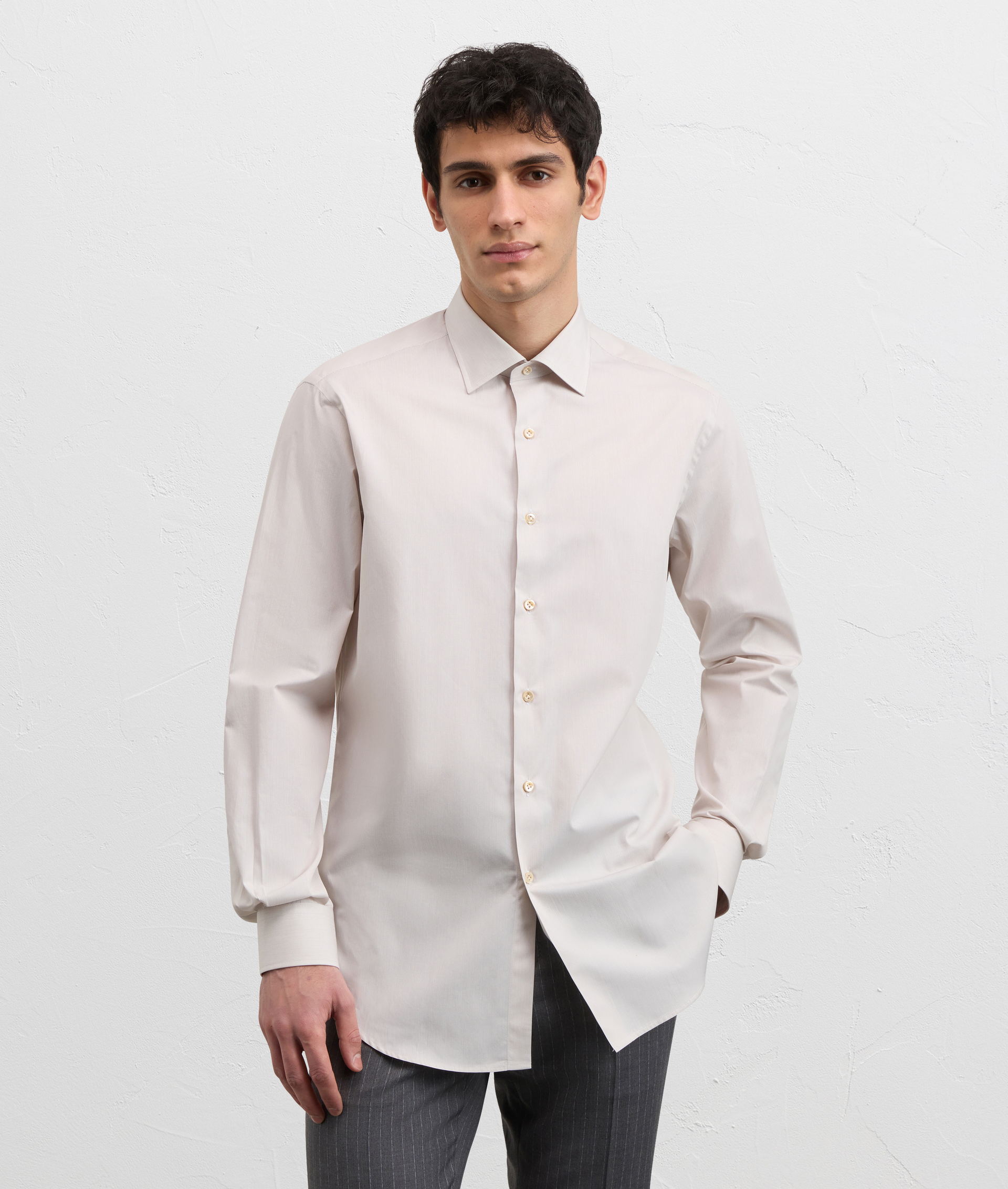 LIGHT BROWN THIN STRIPED COTTON SHIRT WITH SOFT MILANO COLLAR AND STANDARD CUFF