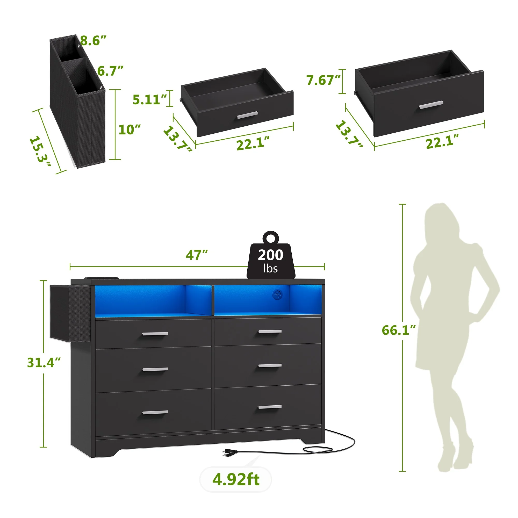White Dresser for Bedroom,6 Drawers Dresserwith LED Lights and Charging Station, 47" Wide Bedroom Dresser Chest of Drawers Storage Organizer TV Stand for up to 55" TV for Living Room(47"/White) - Image 10