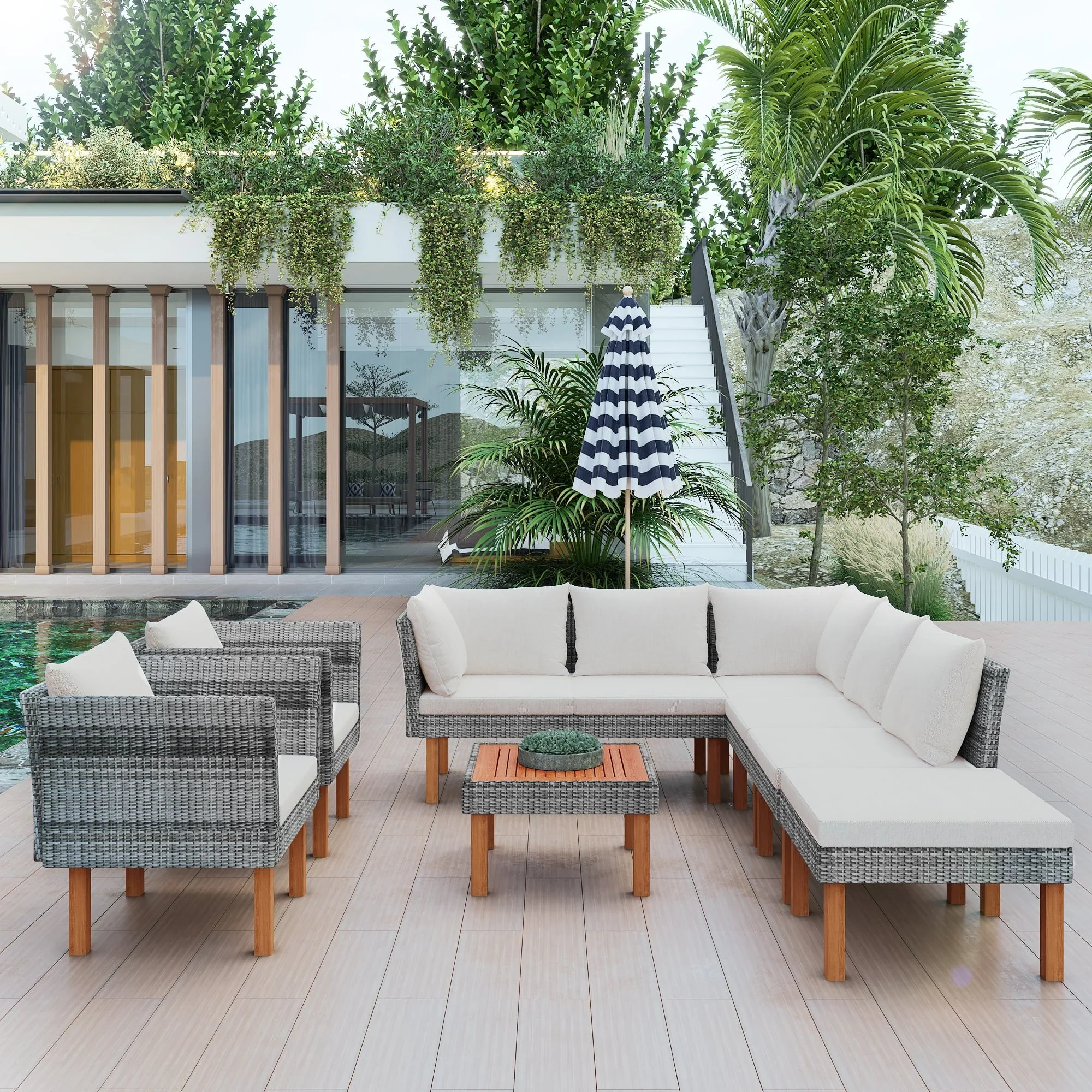 CoSoTower 9-Piece Outdoor Patio Garden Wicker Sofa Set, Gray PE Rattan Sofa Set, with Wood Legs, Acacia Wood Tabletop, Armrest Chairs with Beige Cushions