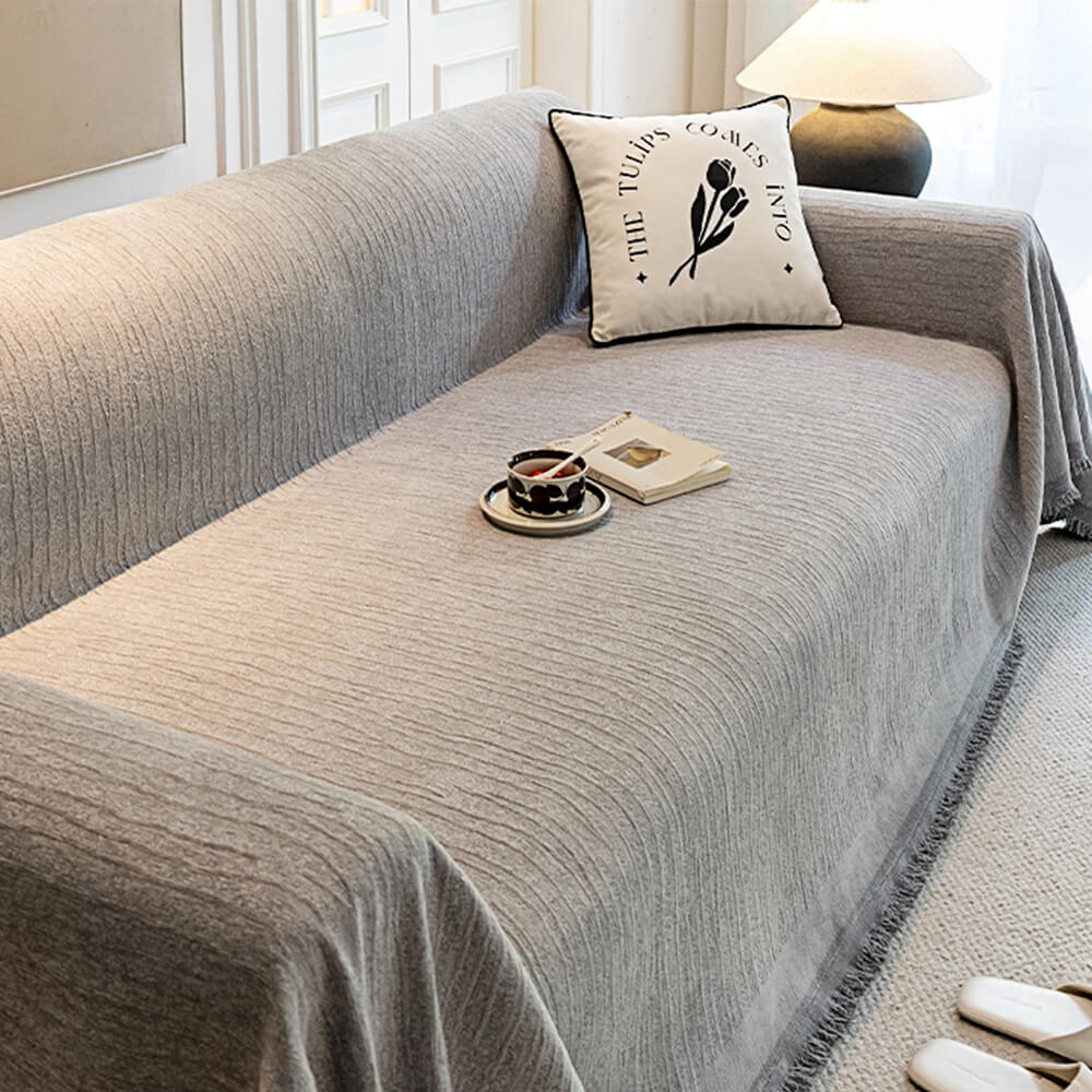 Cream Chenille Textured Pet-Friendly Anti-Scratch Throw Couch Cover