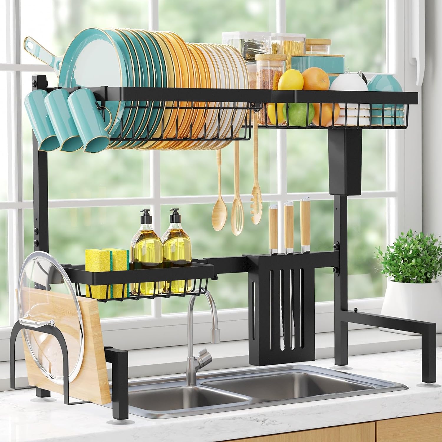 Sakugi Over The Sink Dish Drying Rack - Adjustable 2 Tier Large Capacity Stainless Steel Drainer with Cutlery & Utensil Holders, Kitchen Storage & Organization, 30