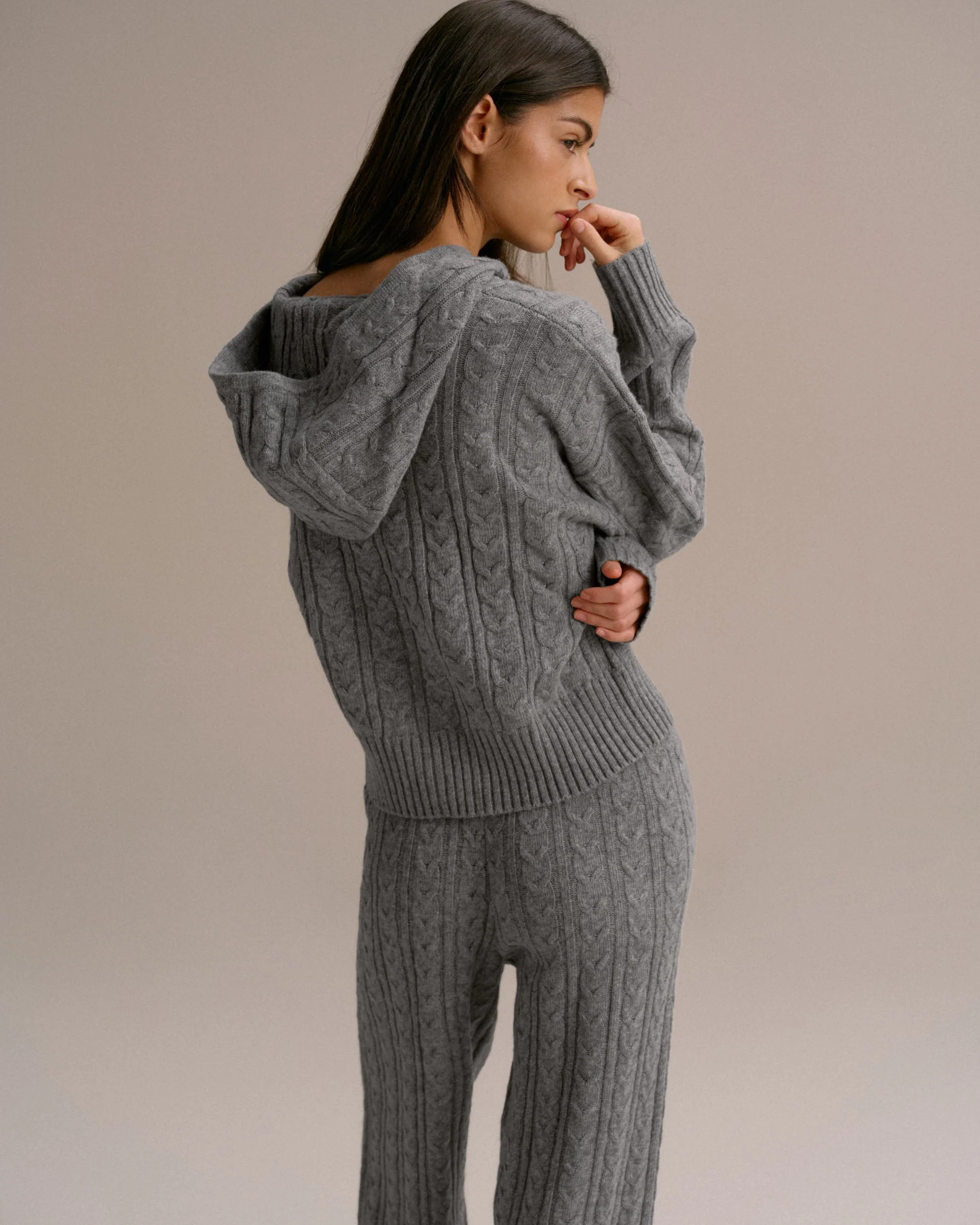 Cable Knit Zip Hoodie - Dark Grey Melange