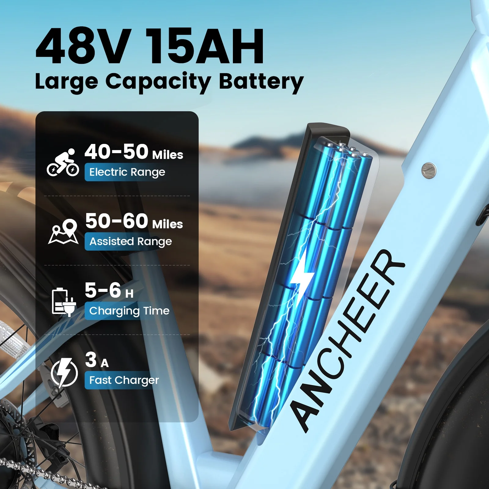 Electric Bike for Adults, 750W Ebike, 28MPH 60Miles Electric Mountain Bike, 26" Fat Tire Electric Bicycle with 48V 15AH Battery, Rear Rack, Lockable Suspension Fork,7 Speed, UL2849(Blue) - Image 10