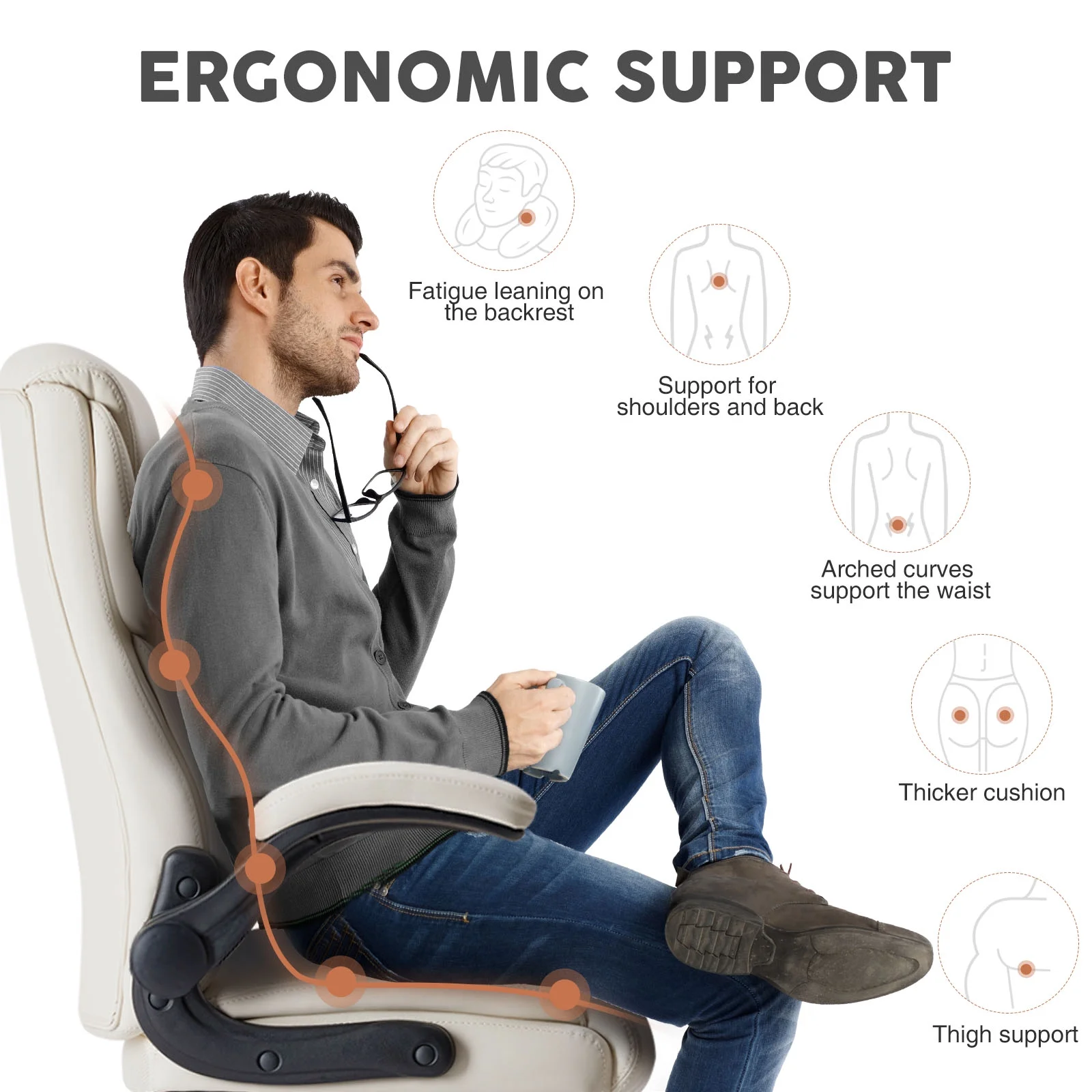 EverPick PU Leather Office Chair with Adjustable Flip-up Armrest,Adjustable Seat Height and Lumbar Support, Strong Metal Base - Cream(Flip-up Armrest/Cream)