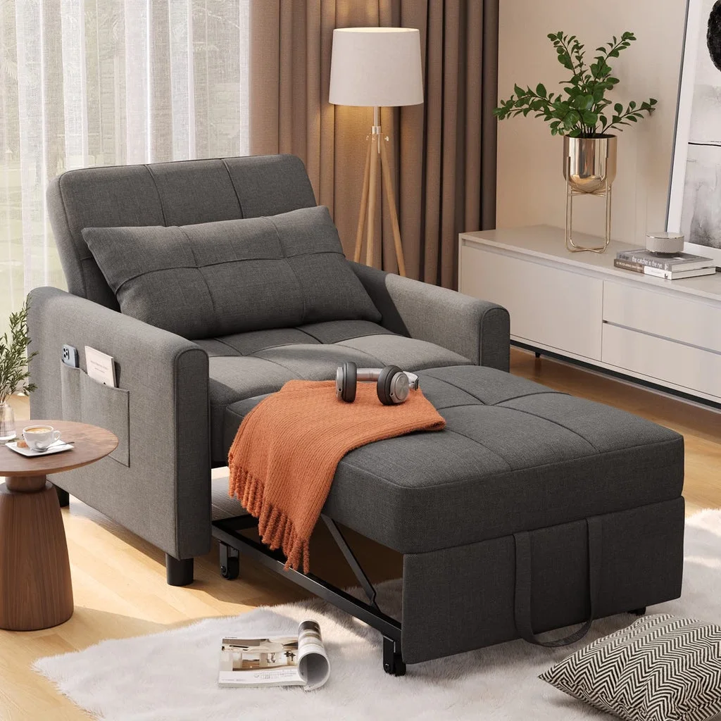 Convertible Sleeper Chair, 3-in-1 Convertible Sofa Bed Recliner Chair with Pull Out Couch Dark Gray(Dark Gray) - Image 4