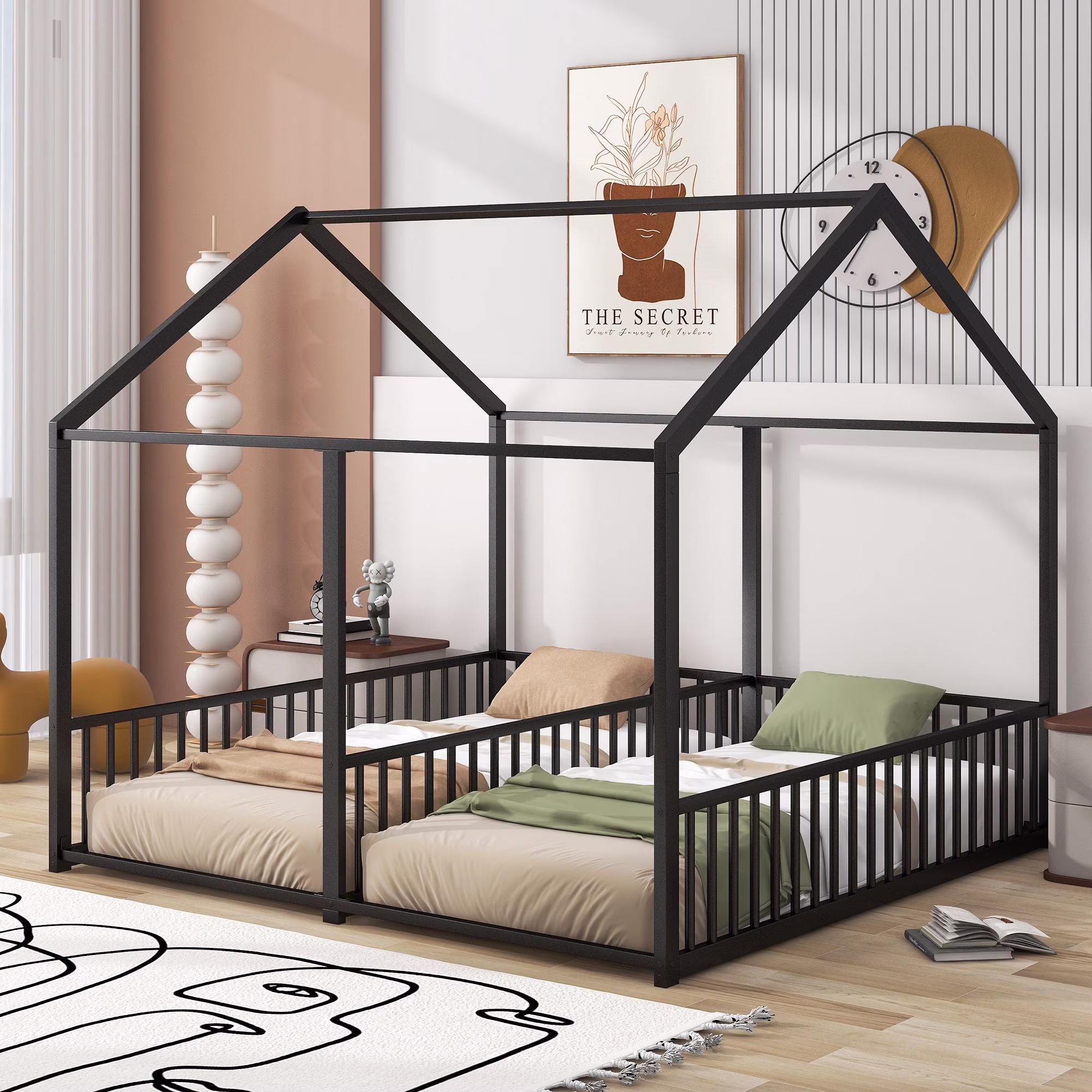 Double Twin Size Floor Bed, Metal Shared Platform Beds for 2 Kids, Montessori House Bed for Toddler Boys Girls Teens(White)(White) - Image 5