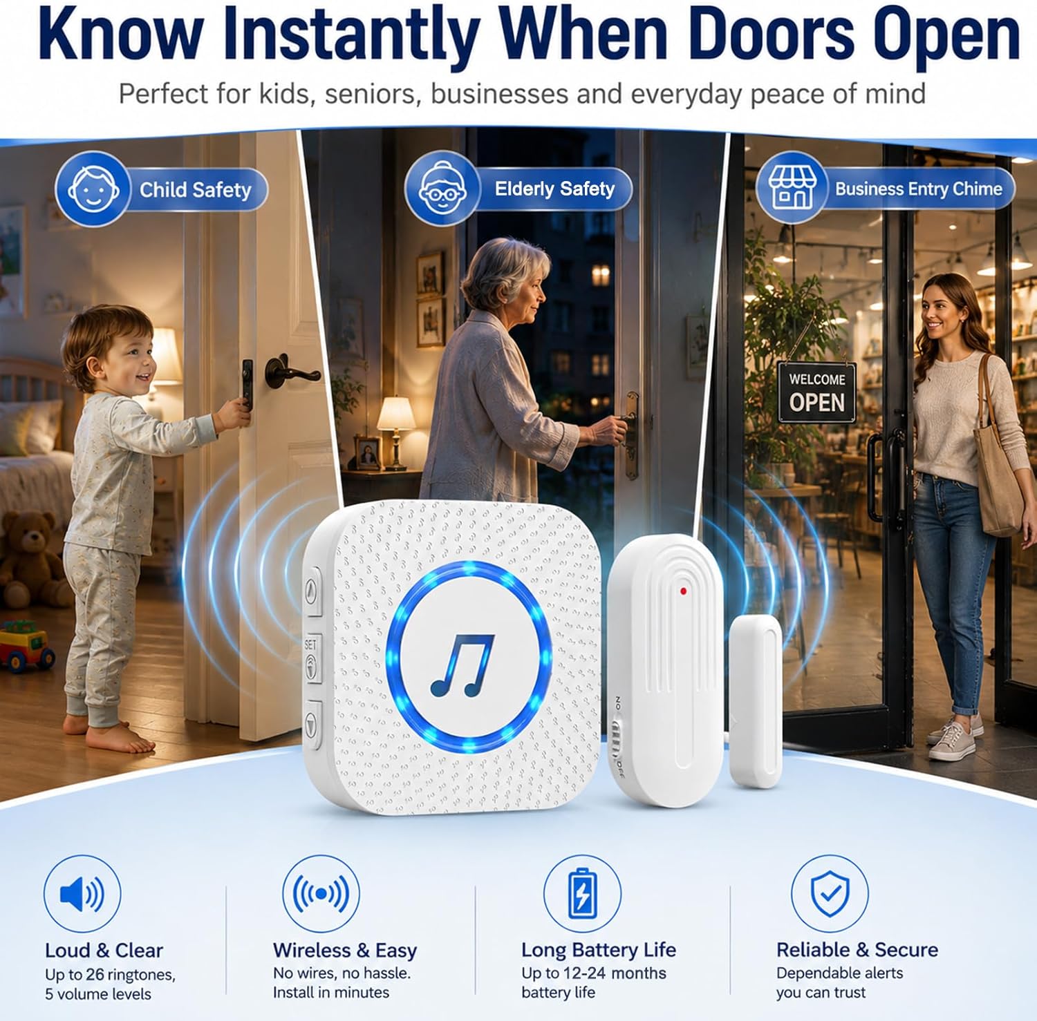 Door Chime,SanJie Wireless Door Sensor Chime When Door Opens,Door Entry Alarm Chime for Business/Home/Kids,500 FT Range,26 Chimes 5 Adjustable Volume, 2 Sensors + 1 Receivers