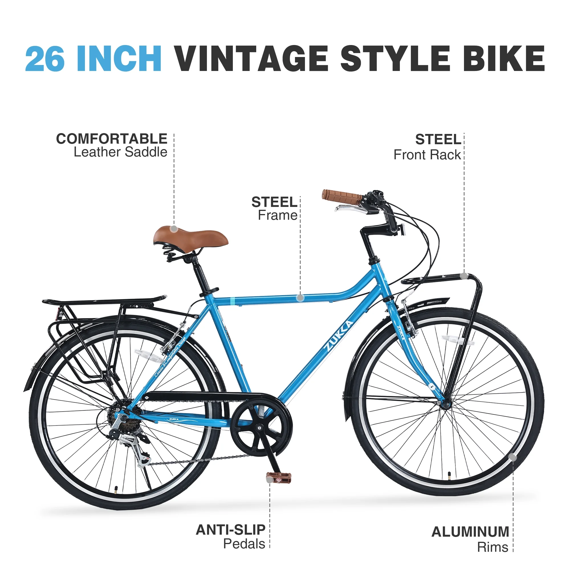 7 Speed, Steel Frame, Multiple Colors 26 in Vintage Style Bike, Retro Commute Bike for Women and Men