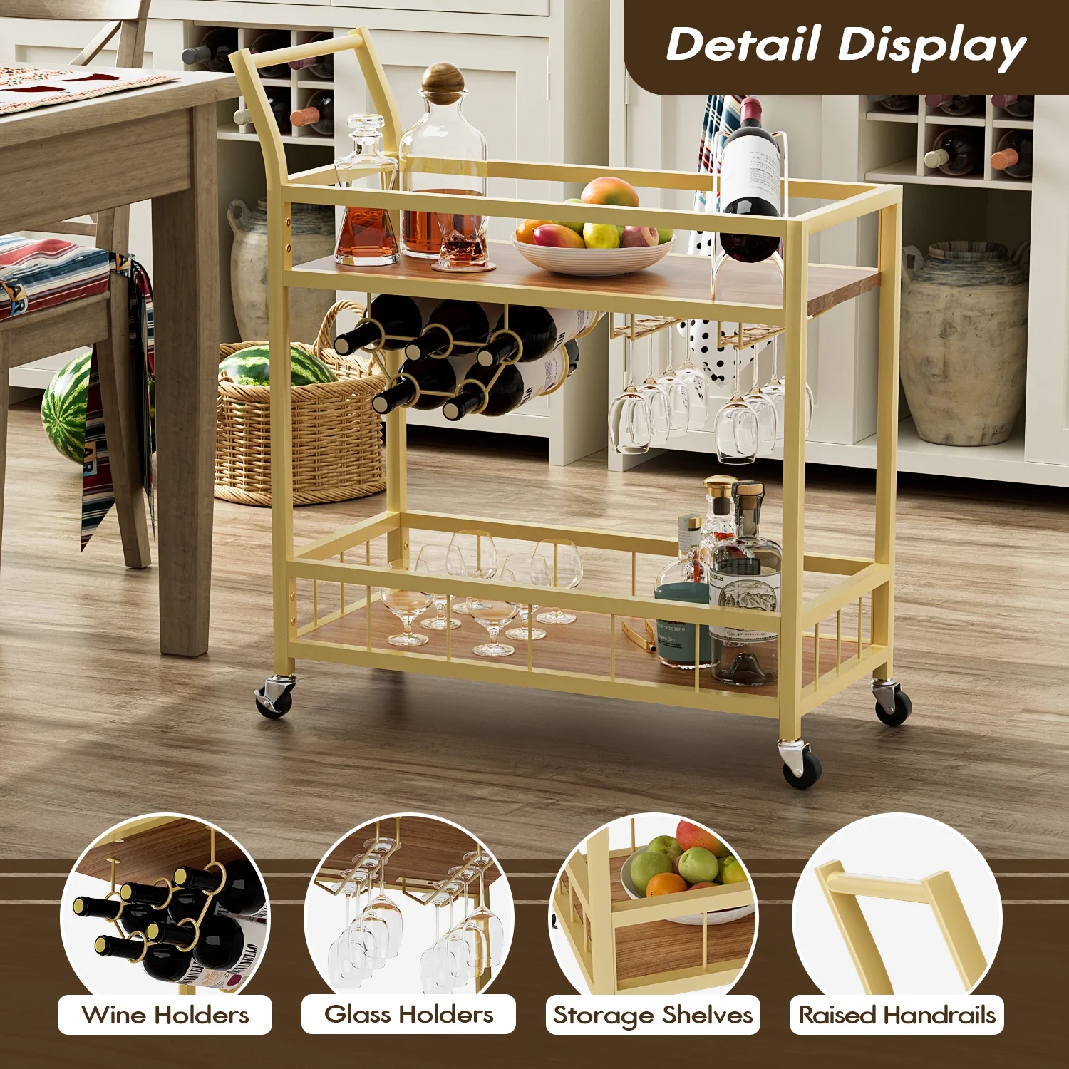 Bar Cart Home Industrial Mobile Bar Cart Serving Wine Cart on Wheels with Wine Rack and Glass Holder 2 Wood Storage Shelves for Living Room, Kitchen, Party (Gold)(Gold) - Image 4