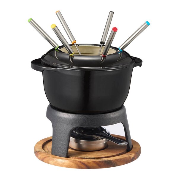 Foni fondue støpejern med treplate 18x18 cm 1,8L svart
