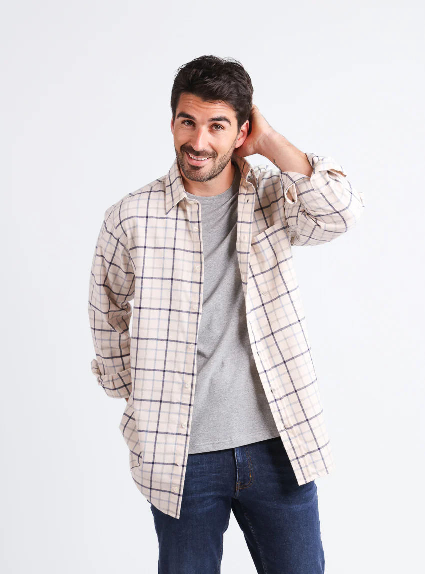 Chemise homme à motifs coton et laine carreaux bleu nuit