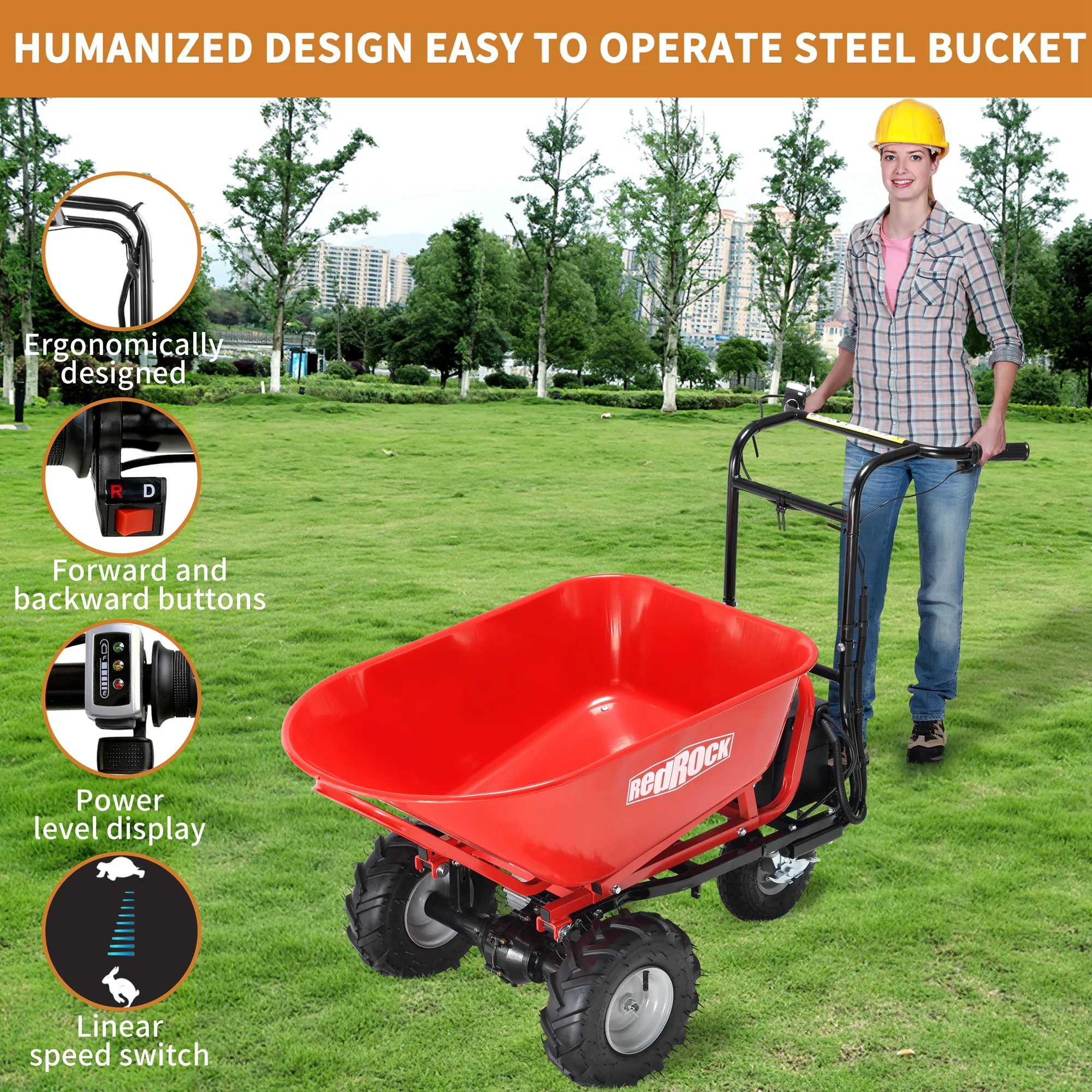 Wheelbarrow Utility Cart Electric Powered Cart 48V28Ah 500W Capacity 500lbs (230kg) Material Debris Hauler 1000lbs Towing - Image 4