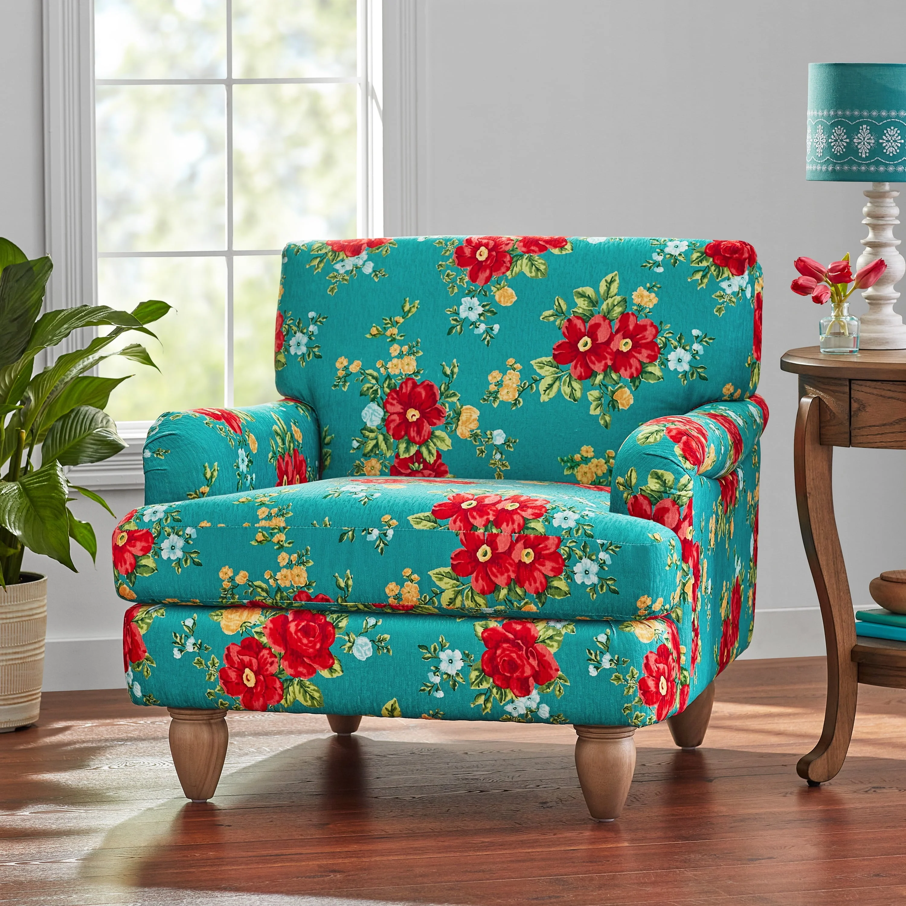 Vintage Floral Low Back Fabric Accent Chair, Teal - Image 2