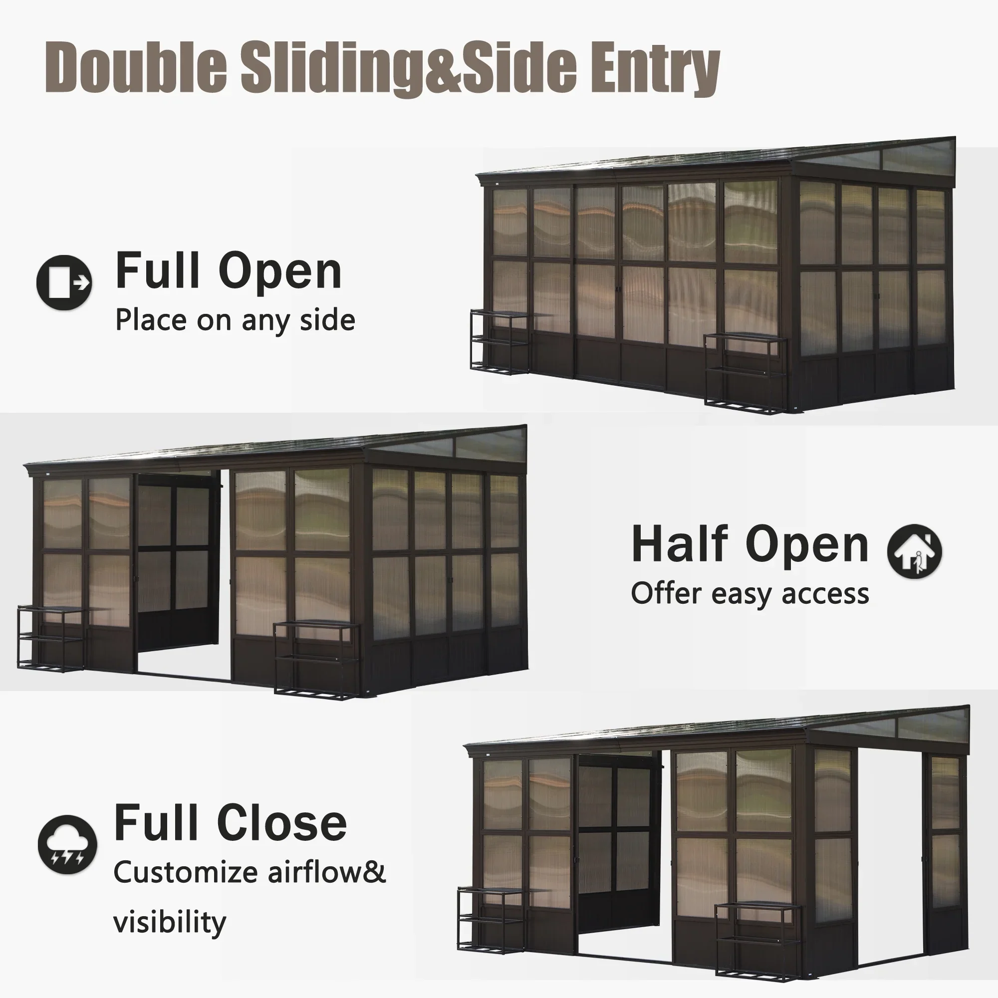 Domi Outdoor Living 10' x 12' Hardtop Lean-to Gazebo, Wall-Mounted with Galvanized Steel Roof Wall Pergola with Aluminum Frame, Curtains and Netting, for Patio, Deck, Garden, Backyard