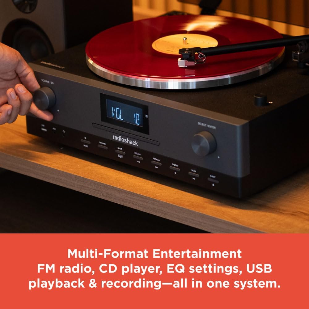 RadioShack Professional Turntable with Speakers  3-Speed Belt-Drive Vinyl Player  Bluetooth Input and Output  FM Radio  CD and USB Playback  Detachable Speakers  Anti-Skating System  Model 4001798