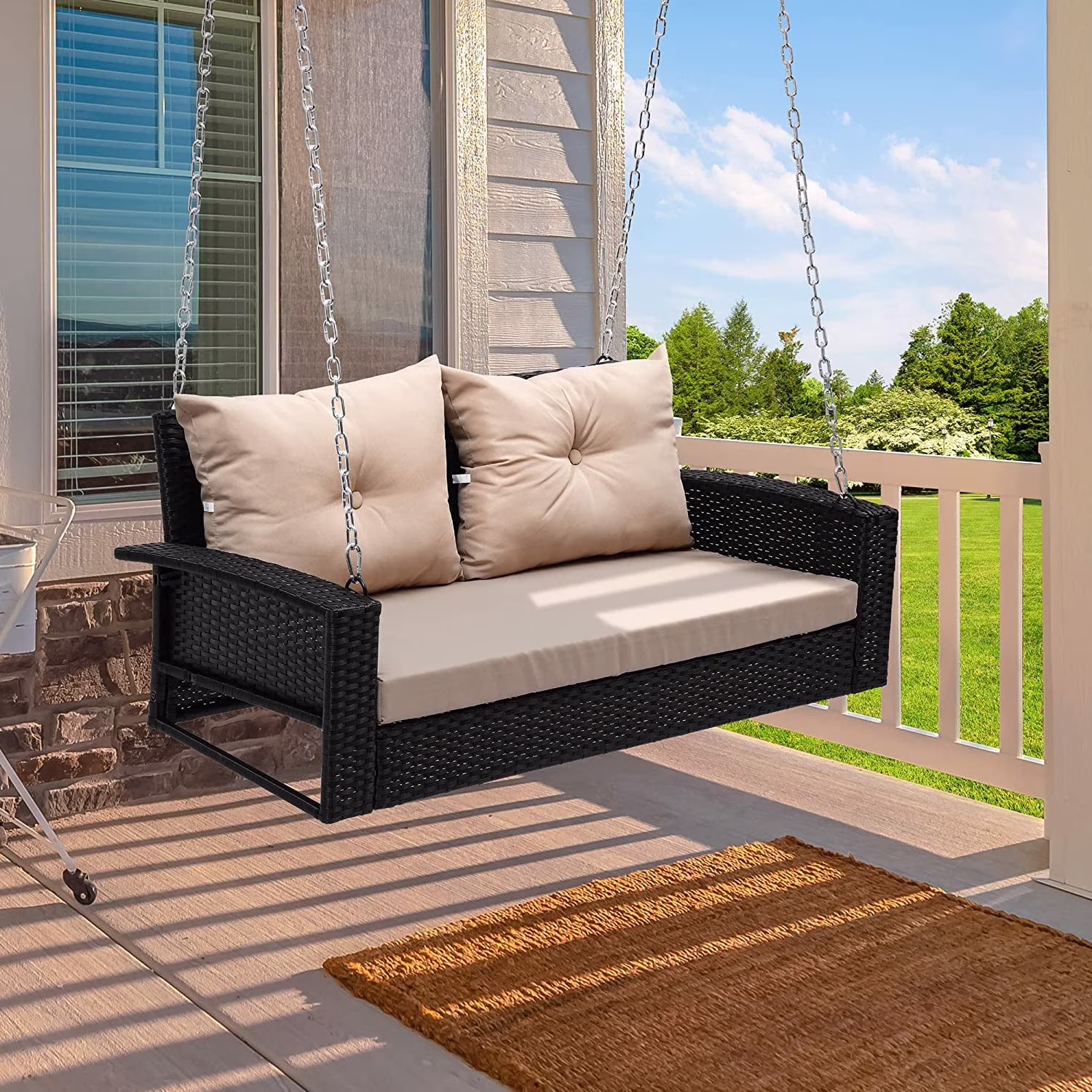 Craftian 2-Seats Wicker Hanging Porch Swing Chair Outdoor Black Rattan Patio Swing Lounge w/ 2 Back Cushions Capacity 770lbs for Garden, Balcony, Living Room, Beige