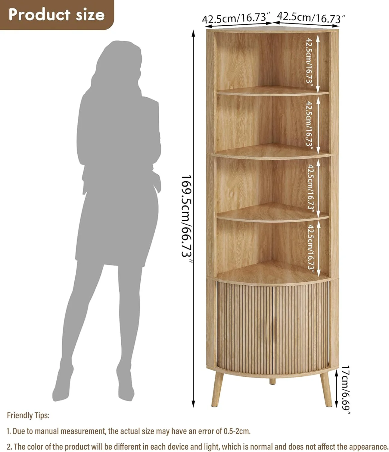 Meuble d'angle de rangement moderne pour salle de bain, hauteur 169,7 cm (66,73 po).