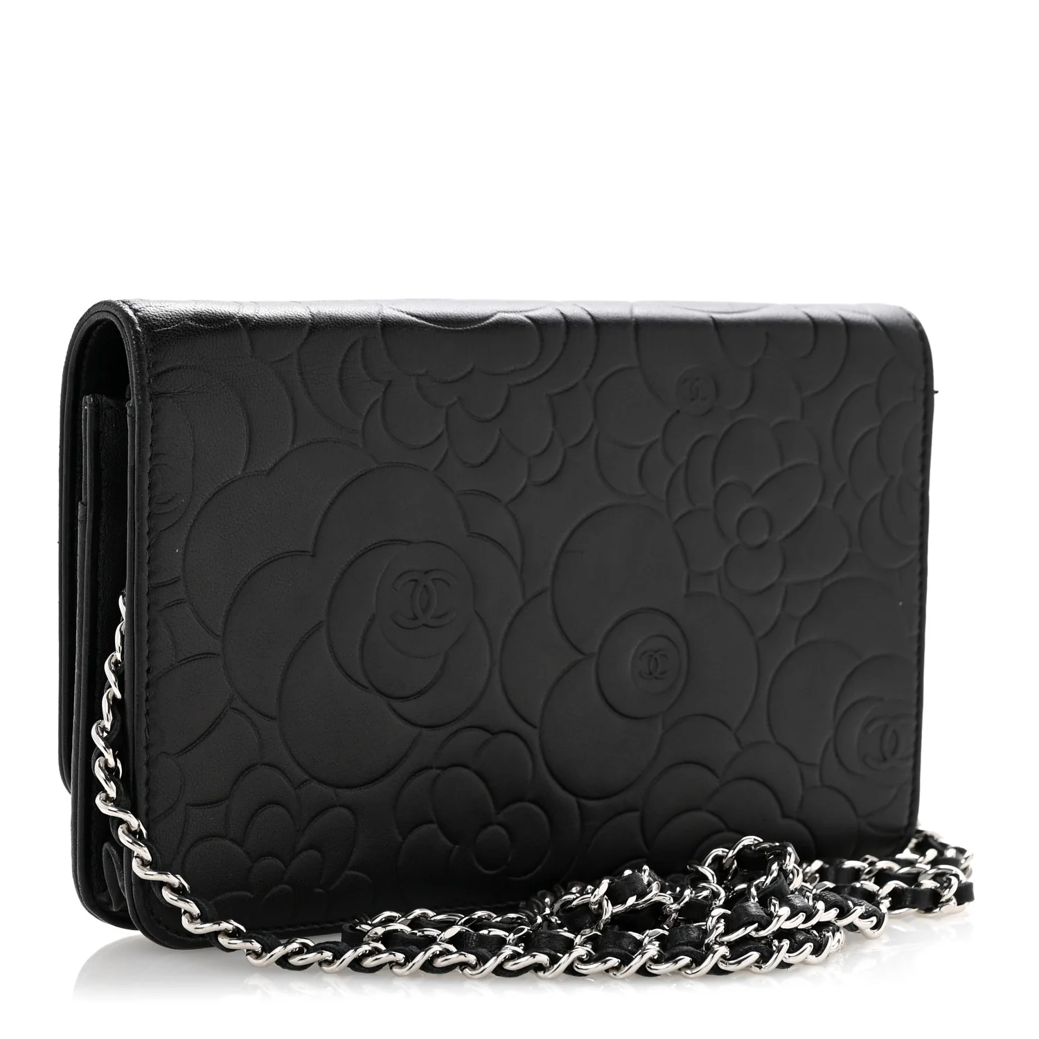 Lambskin Camellia Embossed Wallet On Chain WOC Black
