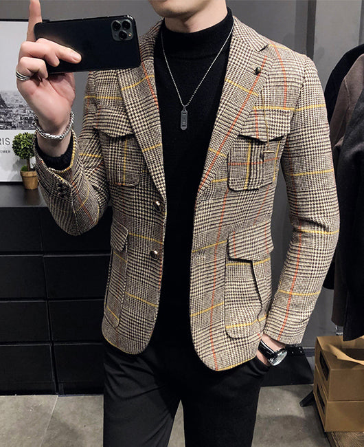 Blazer rétro à poche à rabat en tartan