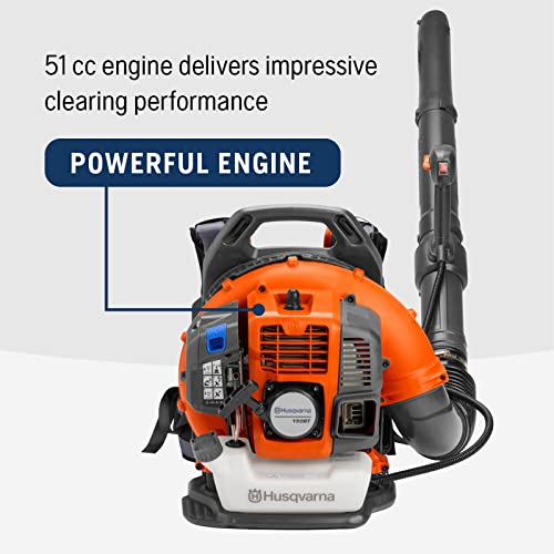 Souffleur de feuilles dorsal à essence Husqvarna 150BT, 51 cm³, 2,16 CV, 765 CFM, 270 mi/h, conception ergonomique