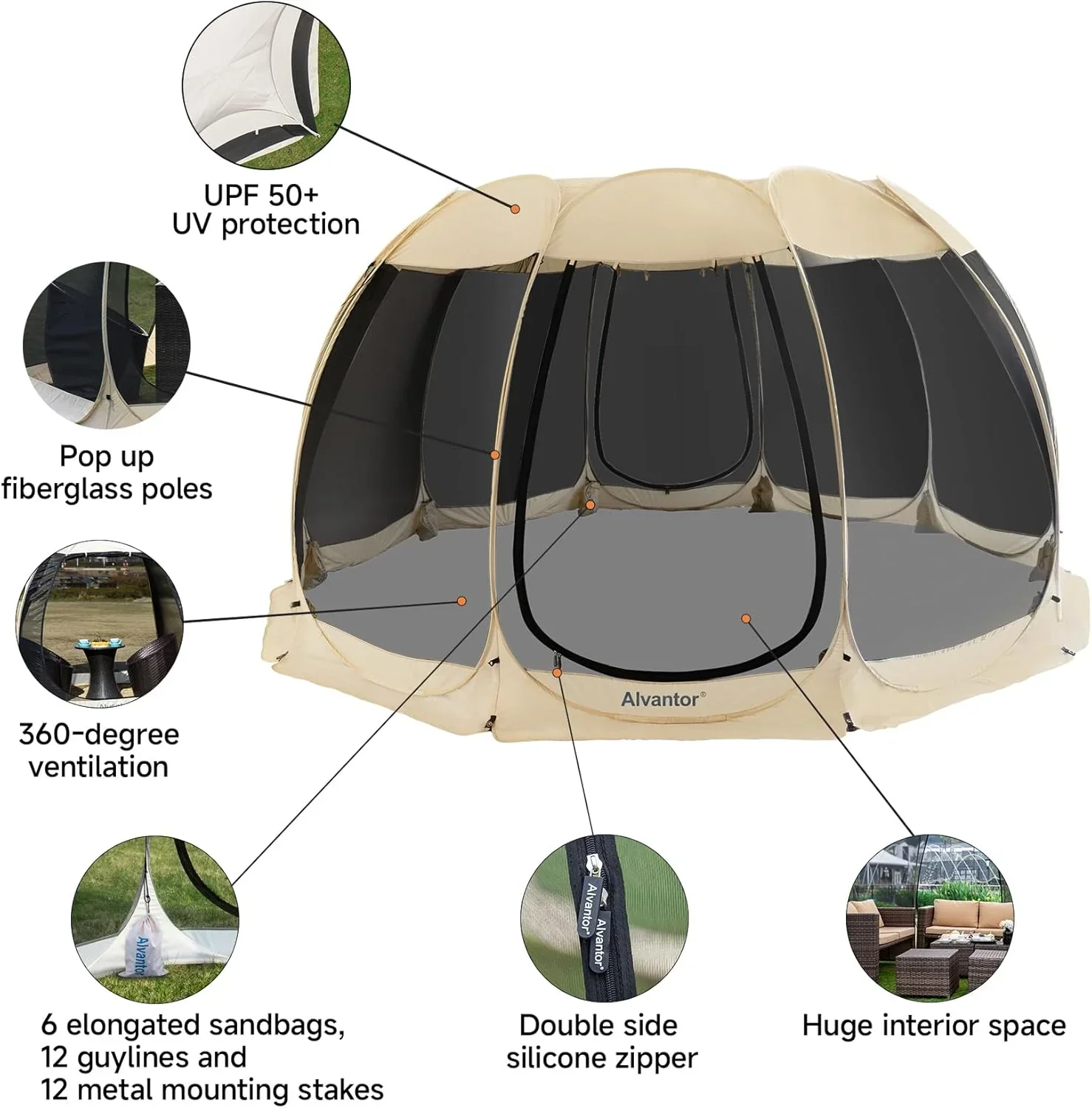 Gazebo moustiquaire pouvant accueillir 6, 10 ou 15 personnes. Tente de style igloo avec moustiquaire latérale. Idéal