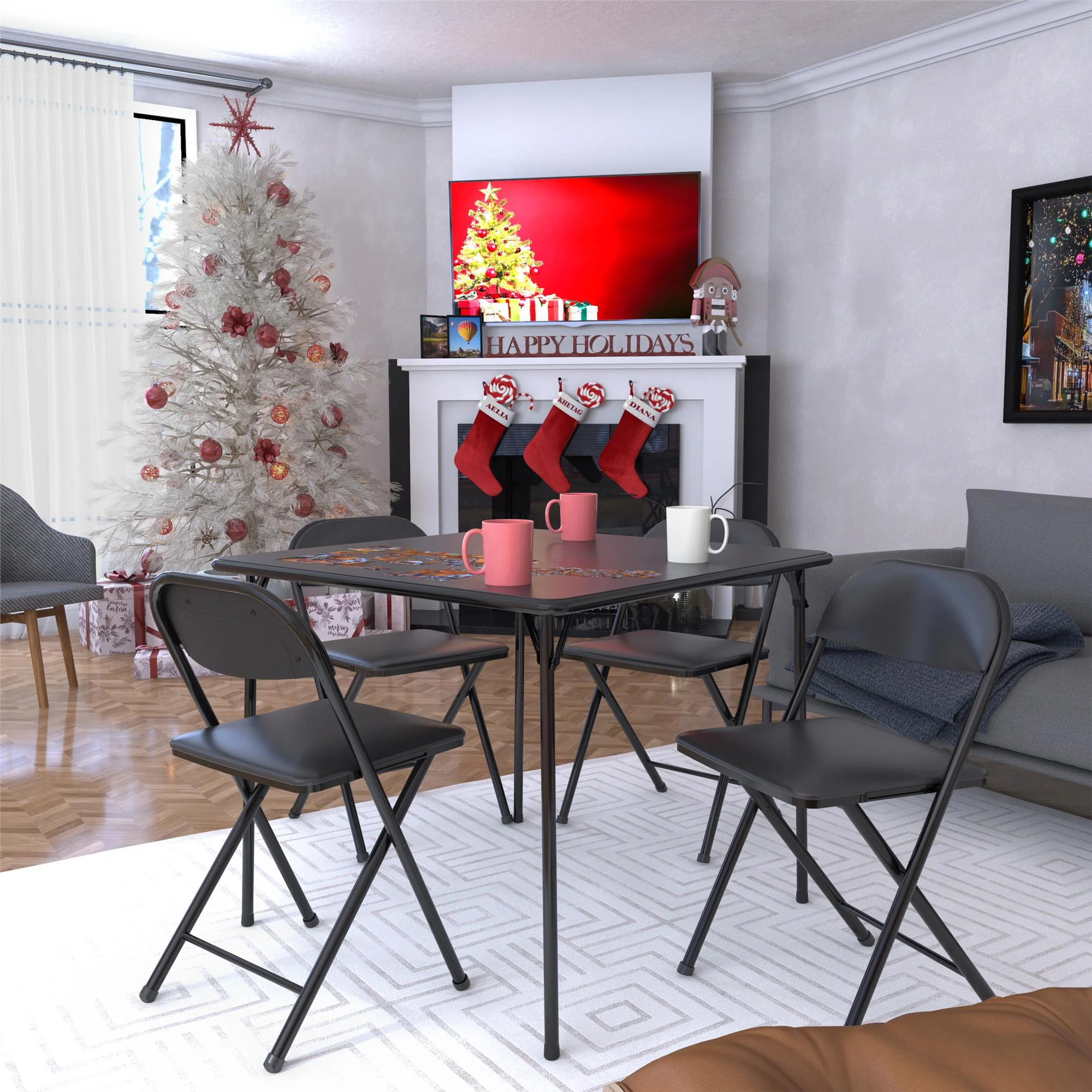 COSCO 5 - Piece Folding Set with Card Table and 4 Vinyl Padded Chairs, Black
