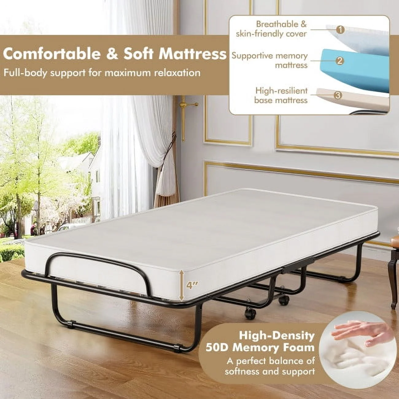 75" x 31" x 13" Folding Bed with Mattress, Rollaway Bed Metal Frame on Wheels, Portable Foldable Guest Bed for Adults, Cot Size Fold up Bed with Memory Foam Mattress - Image 7