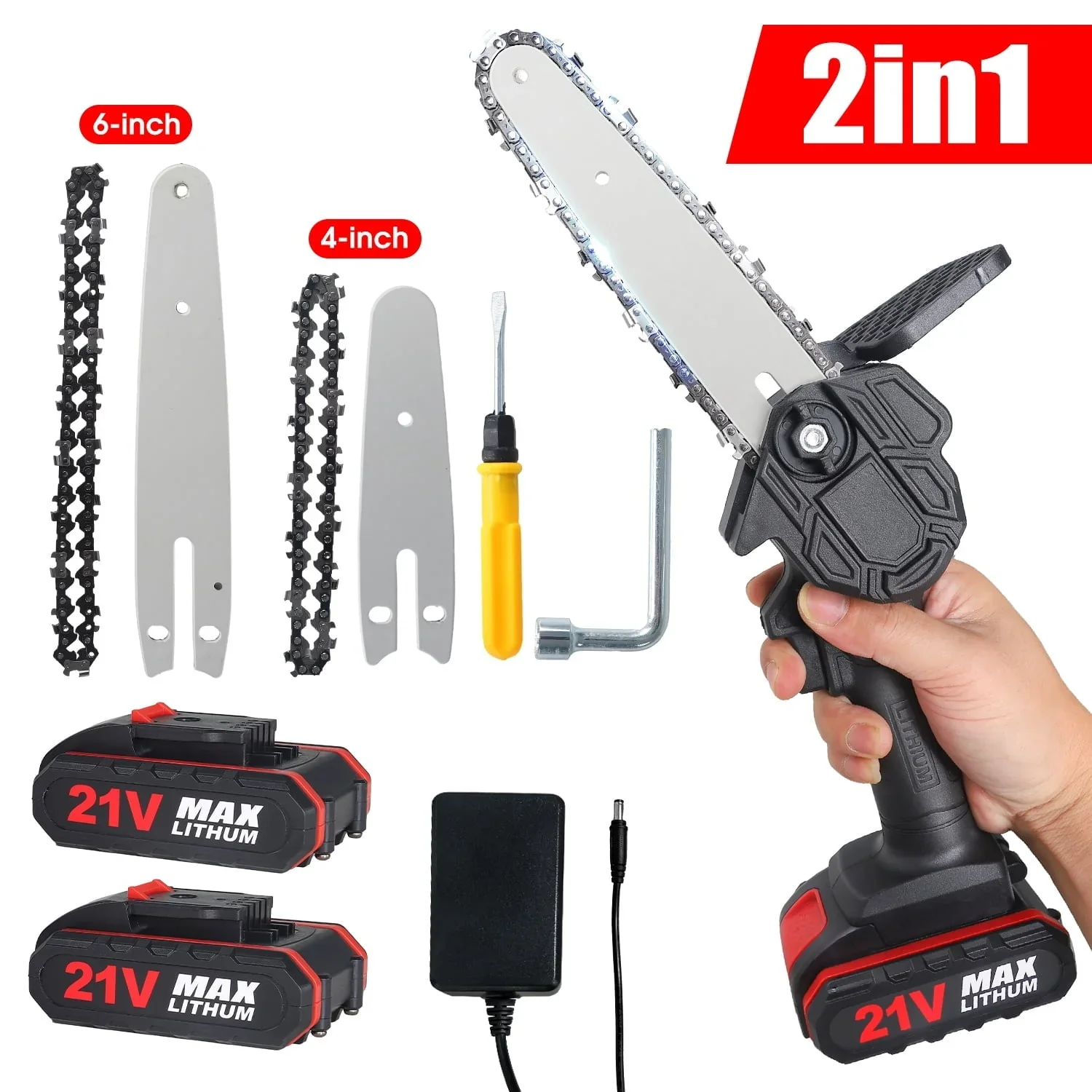 Doosl Mini Chainsaw, 4 & 6-inch Cordless Small Chain Saw with 2 Batteries 2 Chains, Electric Brushless Chainsaw with Security Lock, Handheld Power Chainsaw for Tree Pruning, Gardening, Wood Cutting